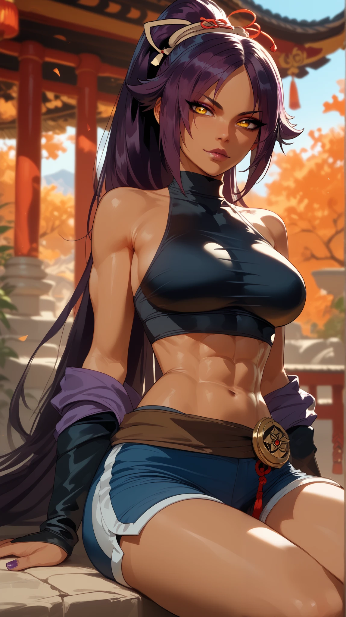 estilo Yoruichi Shihouin,  perfect eyes,  perfectly sexy face, ultra detailed,  ultra perfect eyes ,  big beautiful woman , sitting, dark blue shorts, Body,  looking at the spectator,