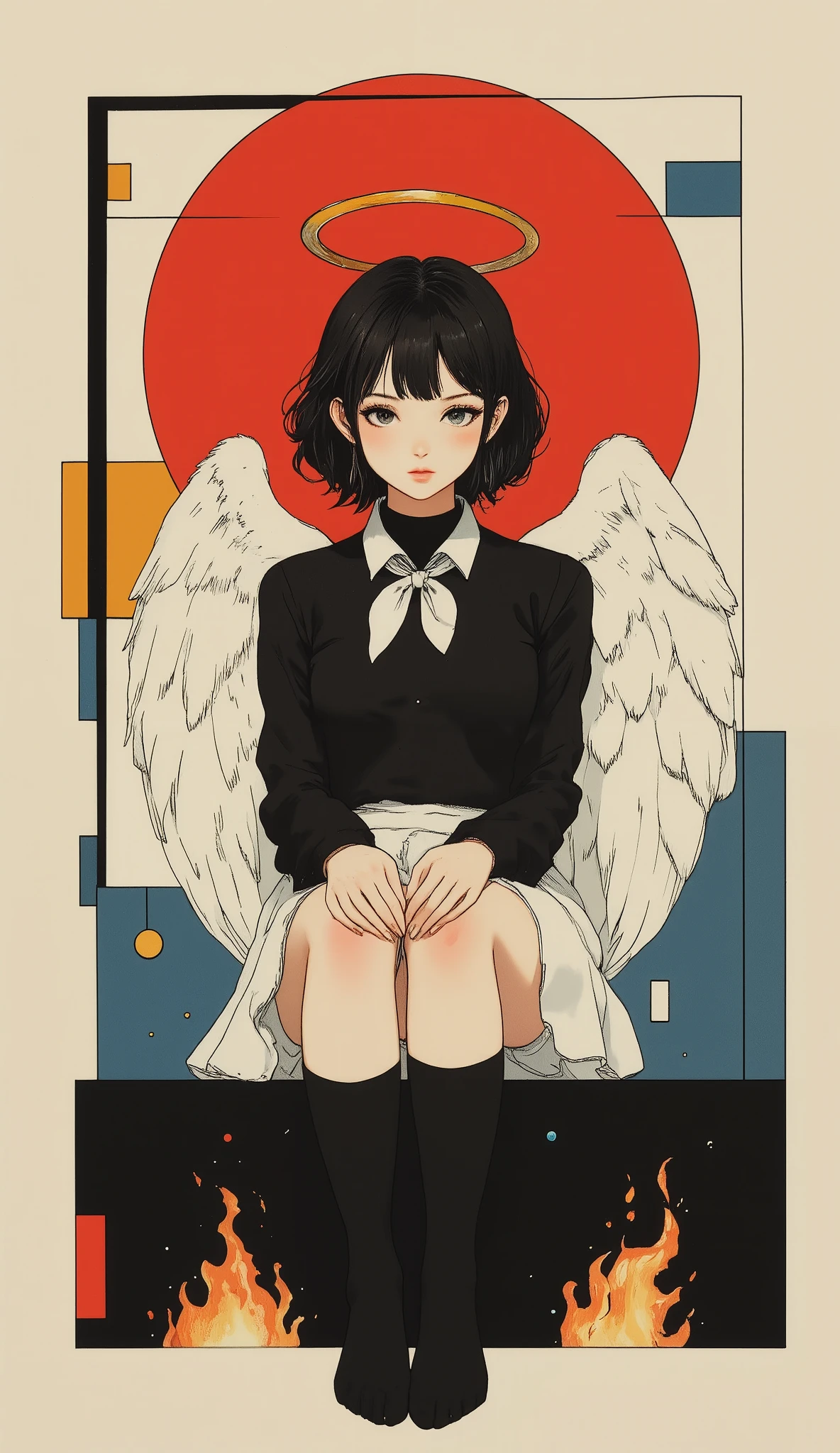 Black Hair,short hair,black eye,Angel's wing,Black clothes,Gender unknown,Expressionless,The lines are a little rough, best quality, masterpiece, 748cmstyle, 1girl, angel wings, white skirt, glitch, halo, bandaid on leg, black hair, barcode, school uniform, white neckerchief, black socks, long sleeves, medium hair, black shirt, dot mouth, white sailor collar, pleated skirt, serafuku, purple eyes, gauze, white wings, simple background, sitting, looking at viewer, blue background, blunt bangs, pale skin, sleeves past wrists, blush, long bangs, feet out of frame, kneehighs, feathered wings, ear piercing, knees up, no mouth, english text, bandaid on knee, colored inner hair, head tilt, bandages, empty eyes, sidelocks, purple background, Surround the figure with abstract, Bauhaus-inspired geometric shapes in a Memphis art style. Use bold, simple forms like circles, squares, and rectangles in shades of red, blue, and brown, creating a dynamic and minimalist background. Include a vivid red circle overlaid on intersecting red and blue squares, paying homage to Leon Polk Smith and El Lissitzky’s graphic compositions. Incorporate flames around the subject for a sense of intensity and passion, merging the sensual, painterly aesthetic with modernist abstraction in a high-contrast, visually arresting composition
INFO