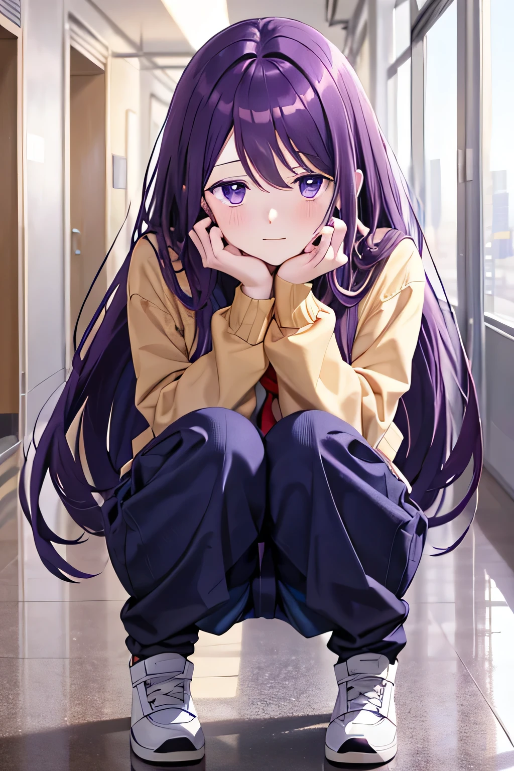 School corridor、Beautiful girl squatting、throw, ((Positive)), expensive 、((I can see your pants:1.4))、Dropped the document、Documents are scattered、Low Angle、Light purple hair、Semi-long hair、Pale purple eyes、