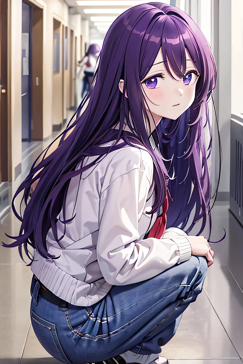 School corridor、Beautiful girl squatting、throw, ((Positive)), expensive 、((I can see your pants:1.4))、Dropped the document、Documents are scattered、Low Angle、Light purple hair、Semi-long hair、Pale purple eyes、