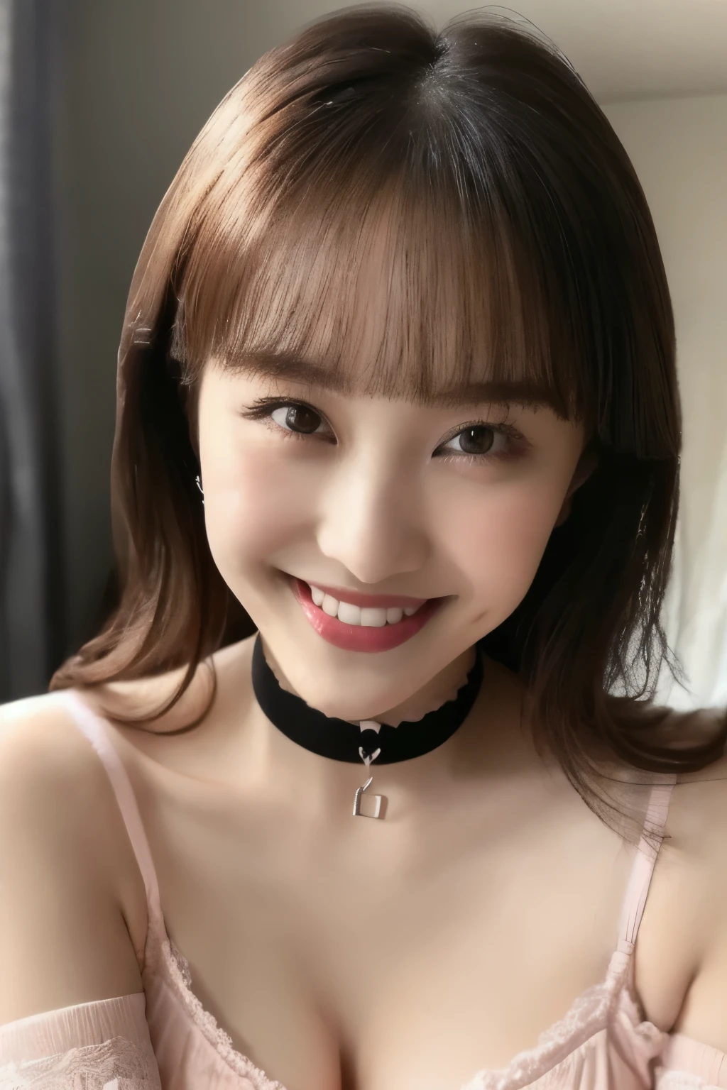 (( pink underwear)), (( Japanese girl))、Light up your face、(masterpiece, top quality, The beautiful quality of , photorealistic , detailed lighting , Extremely detailed skin, Extremely Detailed Hair ,8k, black hair, upper body, One Girl , smile, Watch Viewers , Dimples, Dimpless on cheeks, fc portrait:1.2), bangs、 Red Choker 、 off shoulder、Accurate Eyes、 in ultra high quality、