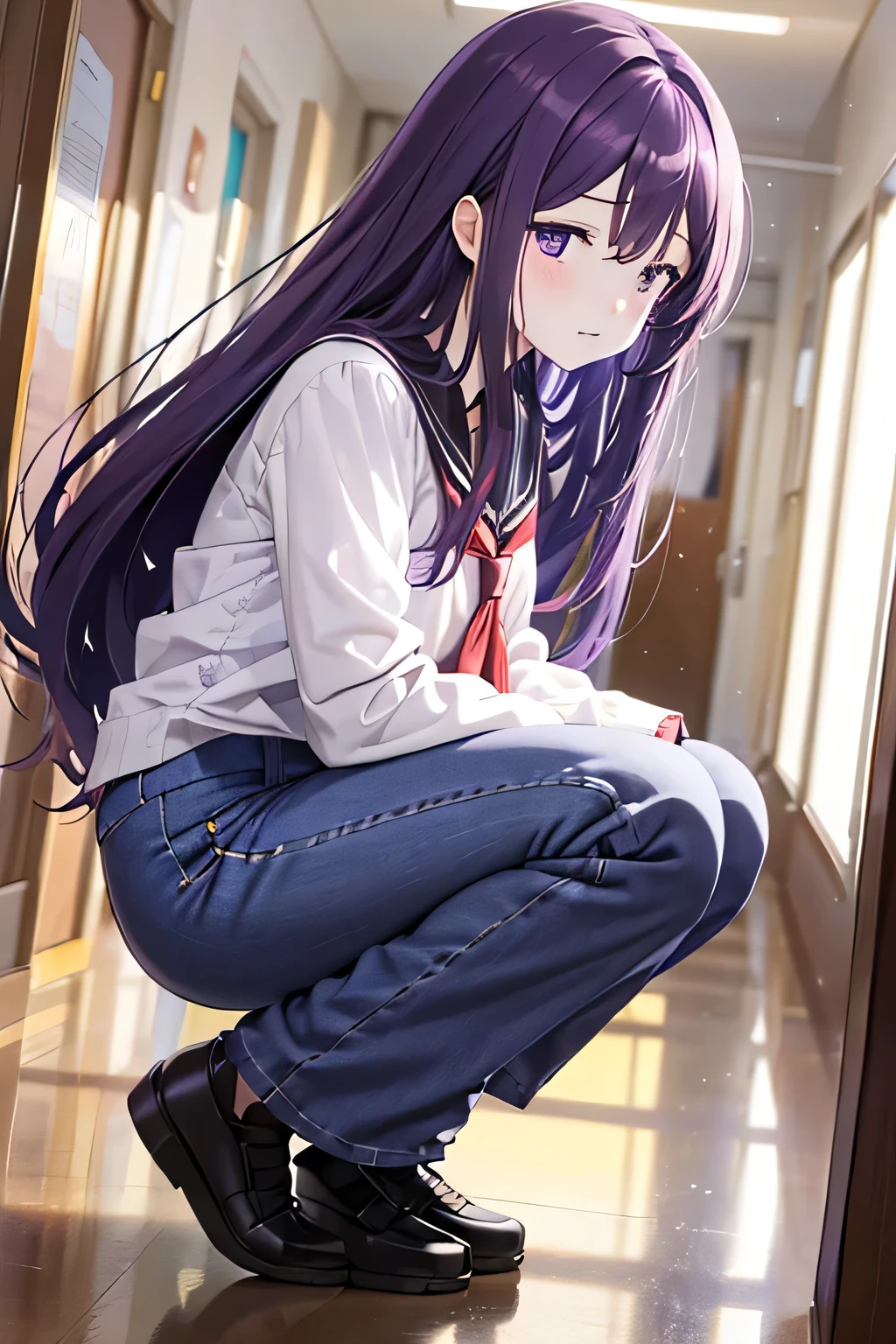 School corridor、Beautiful girl squatting、throw, ((Positive)), expensive 、((I can see your pants:1.4))、Dropped the document、Documents are scattered、Low Angle、Light purple hair、Semi-long hair、Pale purple eyes、black and white theme style, manga style