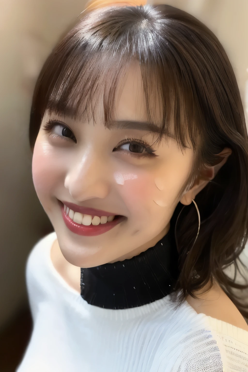 (( white knit sweater)), (( Japanese girl))、Light up your face、(masterpiece, top quality, The beautiful quality of , photorealistic , detailed lighting , Extremely detailed skin, Extremely Detailed Hair ,8k, black hair, upper body, One Girl , smile, Watch Viewers , Dimples, Dimpless on cheeks, fc portrait:1.2), bangs、 Red Choker 、 off shoulder、Accurate Eyes、 in ultra high quality、、( face covered in semen :1.3)、