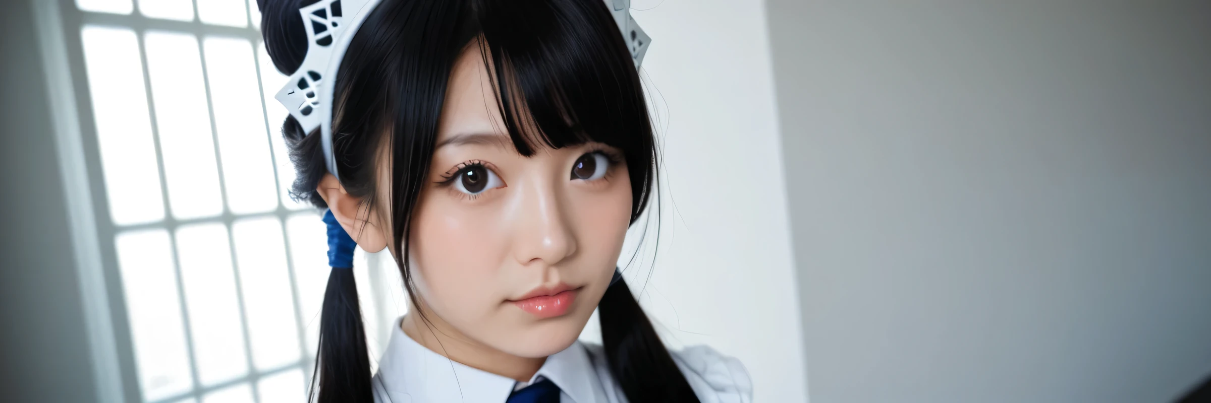 Japanese, woman wearing blue tie taking a photo, surreal anime, anime girl cosplay, realistic and realistic anime girl, photorealistic anime, cosplay photo, surreal school girl, updo, black hair, bob hair, long eyelashes, round eyes, headdress, redness on ears, accurate, black eyes, pupils, high twin tails, hair ornament, surrealism, drop shadow, eye level angle, 35mm, 8k, ultra detailed, best quality
