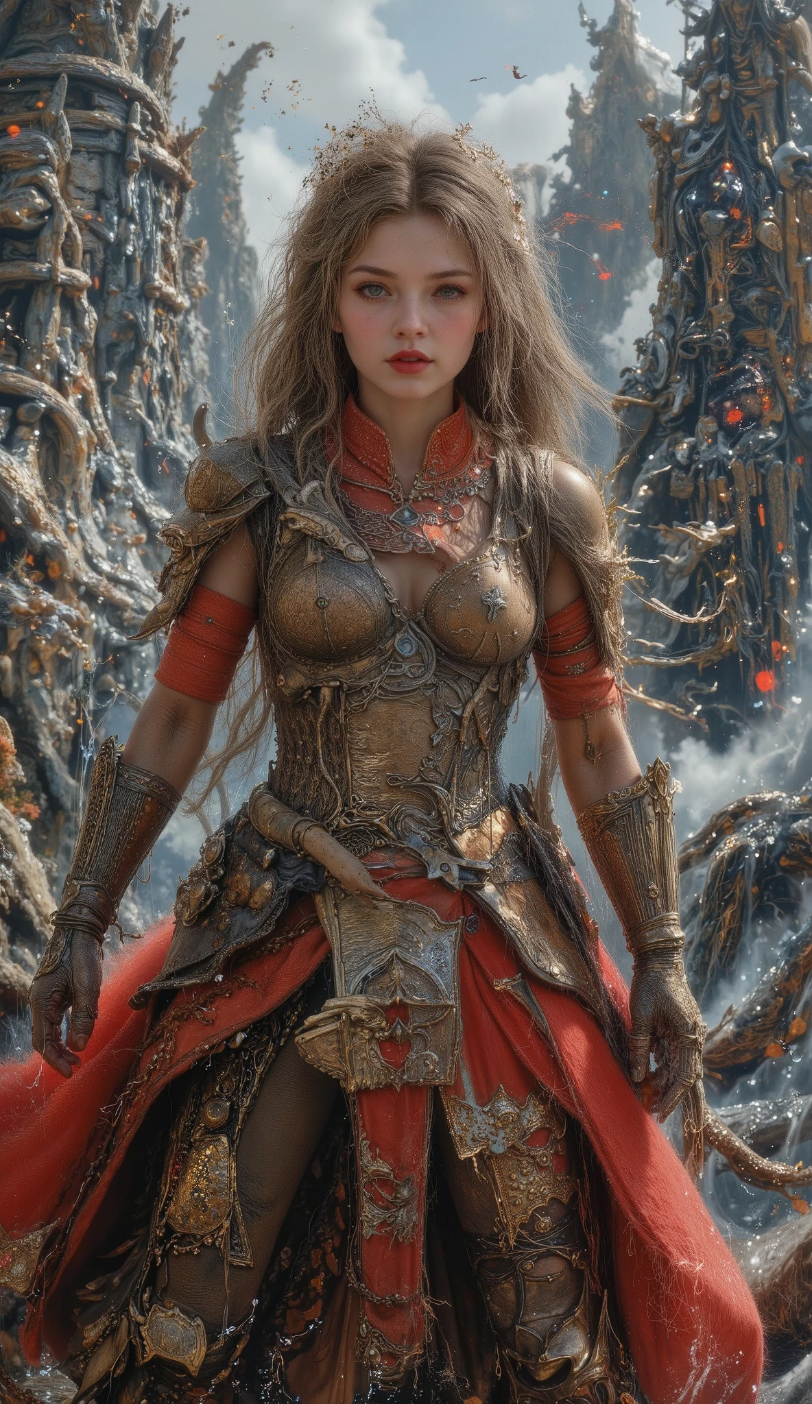Blond woman in armor standing in front of a mountain of rocks - SeaArt AI