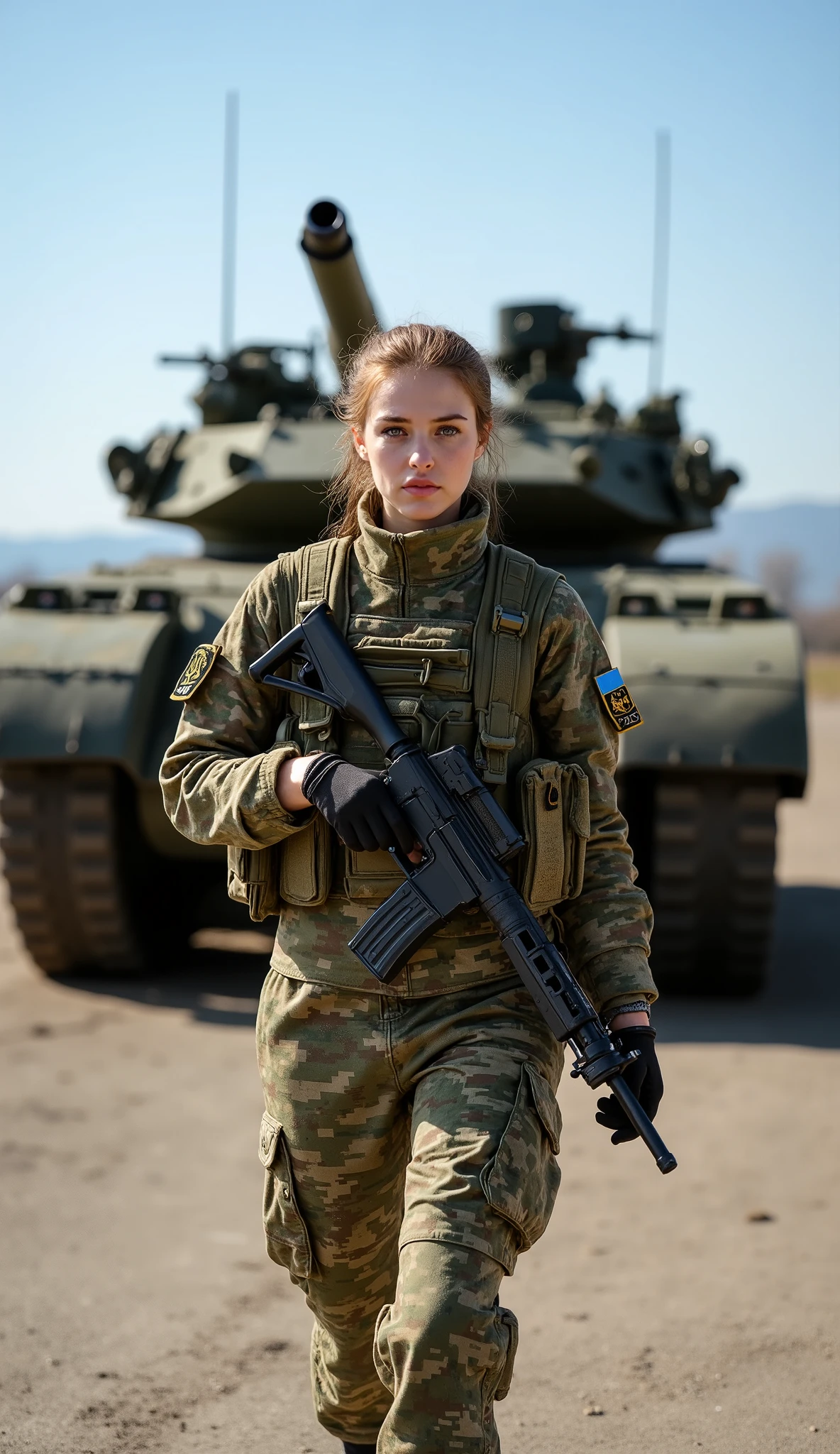 A beautiful young woman from Ukraine, approximately 25 years old, strides forward confidently as an officer in the Ukrainian tank combat unit. She wears a camouflage uniform in the pixelated pattern unique to the Ukrainian military, designed for modern warfare. Her attire is perfectly tailored, with patches and insignia signifying her rank and affiliation. She also wears black tactical gloves, emphasizing her preparedness and professionalism.

In her hands, she carries a modern submachine gun (SMG), held securely across her torso as she walks with determination. Her piercing gaze and serious expression reflect her focus and dedication as a skilled military leader.

Behind her is Ukraine’s most advanced battle tank, its powerful turret angled slightly, painted in a digital camouflage pattern that matches the uniform. The tank sits on a solid terrain of packed earth and concrete, exuding an aura of strength and cutting-edge technology.

The setting is a military training ground under a clear blue sky, with a subtle hint of distant mountains or plains that evoke Ukraine's diverse landscapes. The perspective captures her full body in a frontal view, emphasizing her commanding presence as she walks forward with purpose. Her confident pose and the advanced tank in the background create a powerful image of strength, leadership, and modern military capability.



