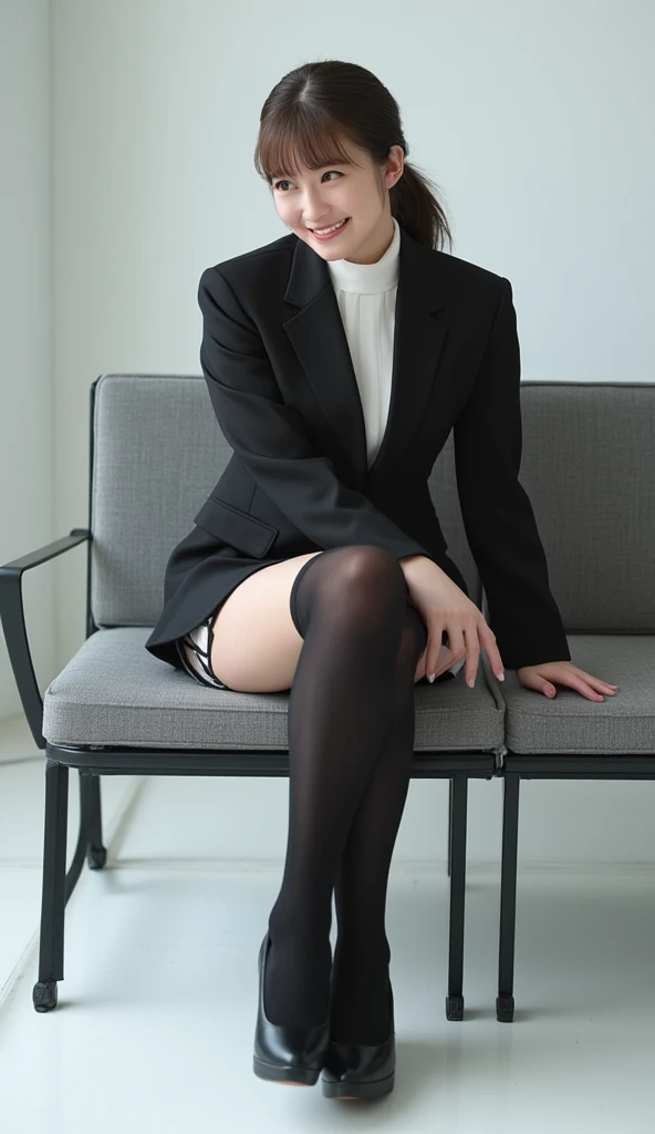 The woman sitting in the chair wore stockings and stockings,dressed in a black jacket, product introduction photos, sexy-s 100, sit on chair, product introduction photos, Official product photo, author:Sengai, Sweet, their, Style shooting studio, sit on chair, Silk stockings, catalogue photography, Sexy :8, sit on chair, Sakuga