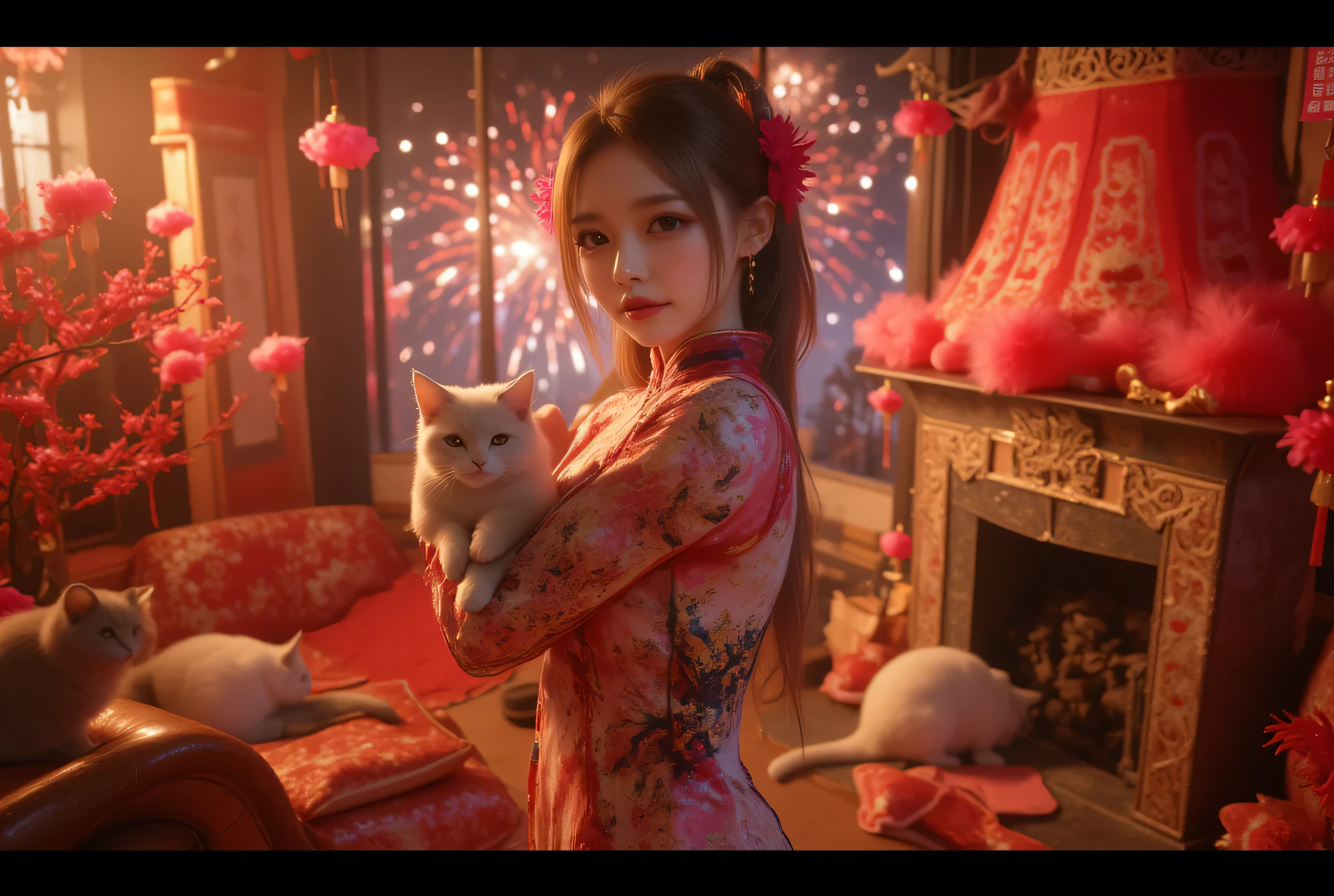 4K、Raw photo、Photoreal Stick、high resolution、solo、knitted sweater,   Cat ears、 face up, attractive, pretty girl, ponytail、 (( fine facial features , eroticism)), dramatic lighting , realistic , 8k, Dramatic Shadows , intricate and elaborate patterns , Chinese paper fans with pink feathers on top, super detailed photo , chiaroscuro lighting , Pleasant colours , deep contrast , super real 、 pink lipstick、 warm room、Vintage Fireplace 、 cinematic composition、Close-up of face, pretty half part transparent outfits dress, tang style, A beautiful Korean idol wearing a short colourful cheongsam with phoenix and intricate floral golden embroidery, golden and silver outline on dress, she hug big capybara and standing gracefully in a room filled with traditional Chinese New Year decorations. The room features vibrant red lanterns, decorative calligraphy scrolls, a small Chinese orange tree with golden ornaments, and several red envelopes scattered across the floor and hanging from the tree. Adorable, playful cats are part of the scene—some sitting near the tree, others curiously pawing at the red envelopes or lounging around. Through a window or an open door in the background, vibrant Chinese fireworks light up the night sky in an array of reds, golds, and blues, casting a magical glow into the room. The idol’s outfit is paired with subtle accessories like red hairpins or earrings, complementing the festive look. The atmosphere is warm and lively, filled with the joyful essence of the celebration, enhanced by the shimmering lights of the fireworks and the lively decor.