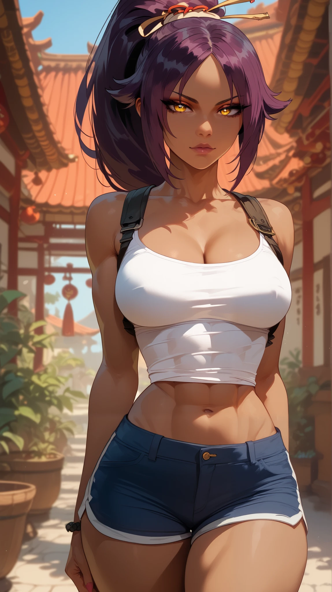 (masterpiece), best quality, expressive eyes, perfect face, front lighting, (farm background), (walking), (seductive look), (cleavage view), (1girl, Nami, 18 years old, grey-blue hair, grey-blue hair, grey-blue hair, BREAK, short hair with hairband, bob hairstyle, brown eyes, hourglass figure, dark skin, tanned skin, tan, skinny body, thin body, medium breasts, wide hips, thick thighs, sholder tattoo, chest tattoo, collarbone tattoo), BREAK, (yellow v-neck shirt, yellow v-neck shirt, yellow v-neck shirt, sleeveless, croptop, exposed cleavage, BREAK, shorts),