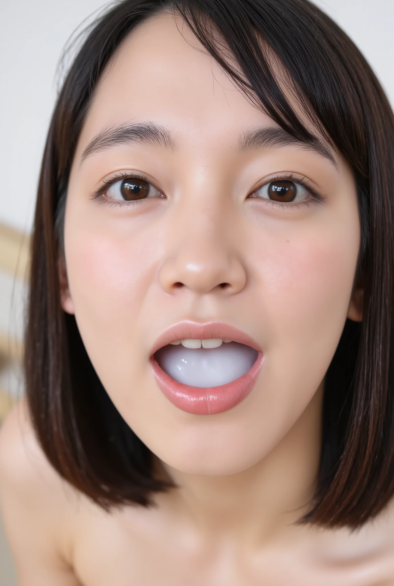 High Res Photos 。 young Japanese idol 、cookie 。, Alone , 1 girl, bikini , Focus on the face , face close-up , camera , long hair, blue-white skin , detailed face , Double Narrow Eyes , charming eyes , light makeup ,
( open mouth , Fellatio After Putting Semen In Her Mouth ), In the House ,