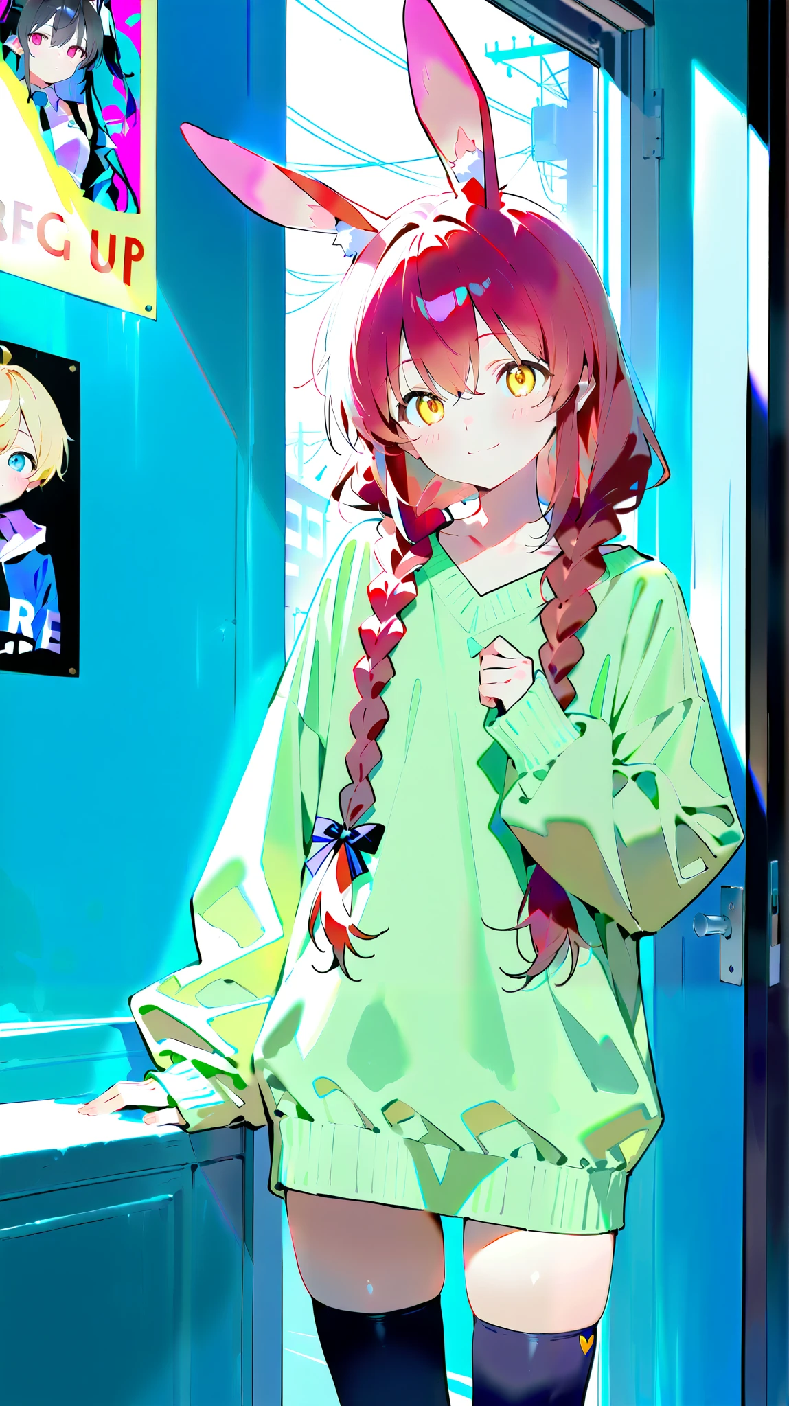 pretty strong transformation 、 cute anime girl with small head and body 、 Cute rabbit ears are smiling 、Bold poses、 dreamy cute 、Sickly cute、 simple oversized pullover 、 Knee High Socks 、 urban background、 poster style 、flat-colors、 Carefully calculated 、 arranged motifs 、HIGH QUALITY DESIGN 、 kitschy aesthetics
