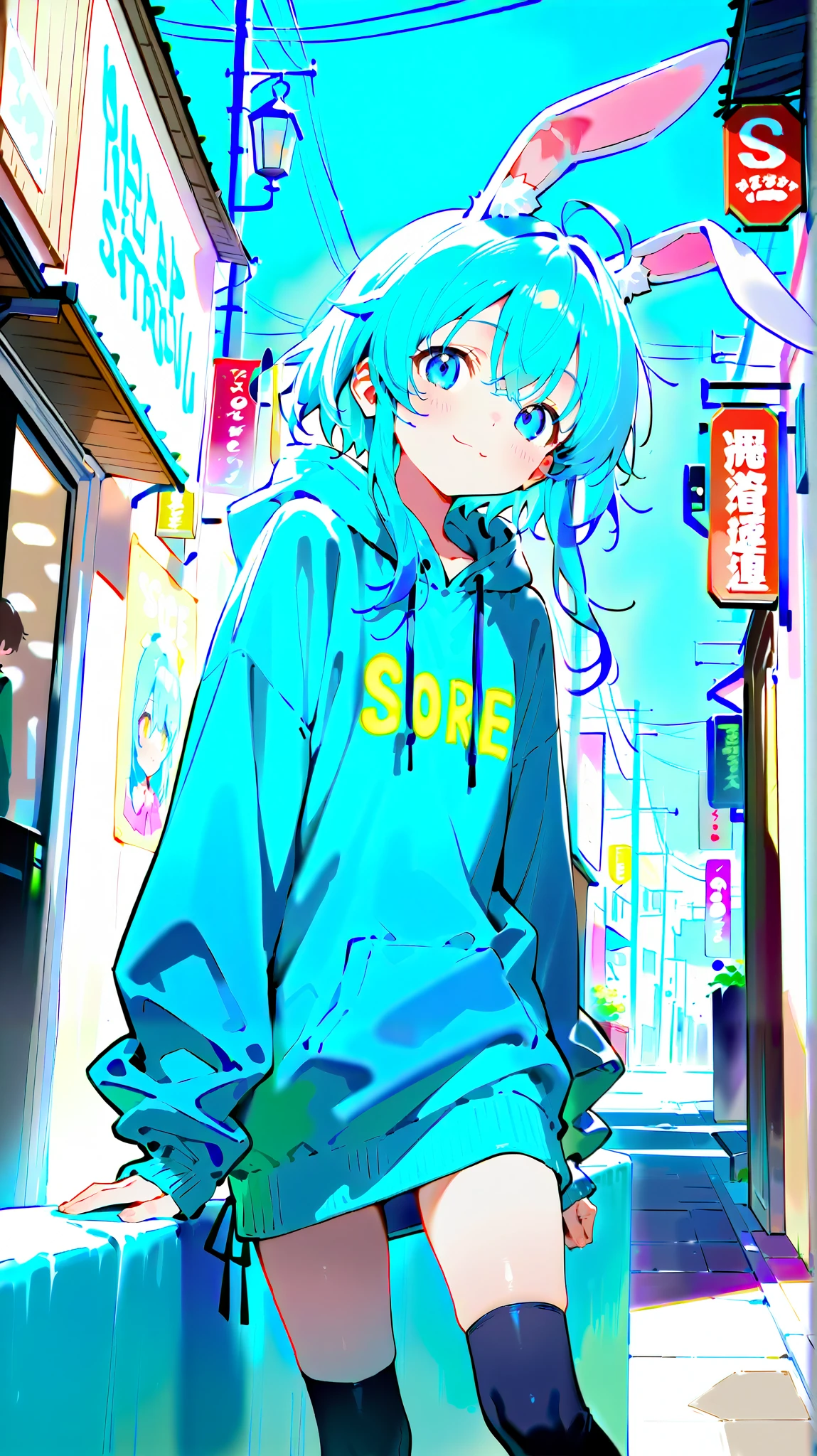 pretty strong transformation 、 cute anime girl with small head and body 、 Cute rabbit ears are smiling 、Bold poses、 dreamy cute 、Sickly cute、 simple oversized pullover 、 Knee High Socks 、 urban background、 poster style 、flat-colors、 Carefully calculated 、 arranged motifs 、HIGH QUALITY DESIGN 、 kitschy aesthetics