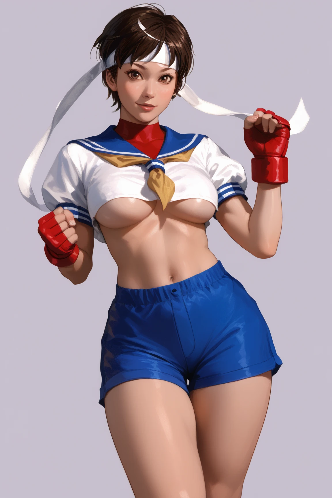 sakura kasugano, brown eyes, brown hair, short hair,
, blue shorts, crop top, underboob , headband, midriff, micro shoy, navel, sailor collar, school uniform, short sleeves, shorts,, stomach, shirt, white shirt, white headband, gloves, red gloves, barefoot,sexy feet, big breasts, wide hips, thick legs, curvy thick legs, sexy feet, curvy body, Full body, looking at viewer,, ultra realistic, realistic style, realistic, dinamic pose, Full body