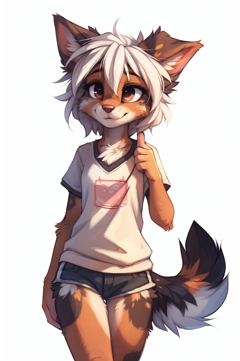 (((White background, no background))), High quality, 8K, by kenket, by swaybat, by reysi, by Zackary911, by hyattlen, by teranen, by fumiko, by Pixelsketcher, by Bayard Wu, by Einshelm, by Kilinah, by Hioshiru, by fluff-kevlar, by Dimwitdog, Furry, Anthro, solo, ((australian shepard)), ((female)), ((young)), fluffy tail, ((slender)), ((short white hair)), chest fluff, short, small breasts, pink panties, oversized long tshirt