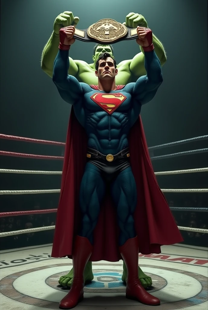 Hulk punch the super man and super man face deep and bloody and hulk very confident in the boxing ring super man down in the flour in the boxing ring  hulk won the match and audience happy and hulk stand in the hand and enjoying his Victory 
