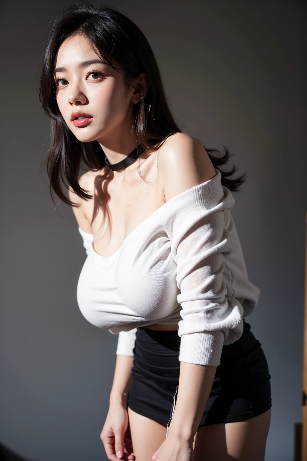 Two 20-year-old women,scarf, sweater, Dark theme, Soothing Tones, Soft colors, High contrast, (Natural skin texture, Surrealism, Soft Light, sharp), Simple background, slim body with Large Breasts, (big size breasts: 1.6) Use off-shoulder tight clothing, 2 Girls, huge的 , Large Breasts, Chest larger than torso, using white sweater, using black scarf, huge breast, huge , huge的