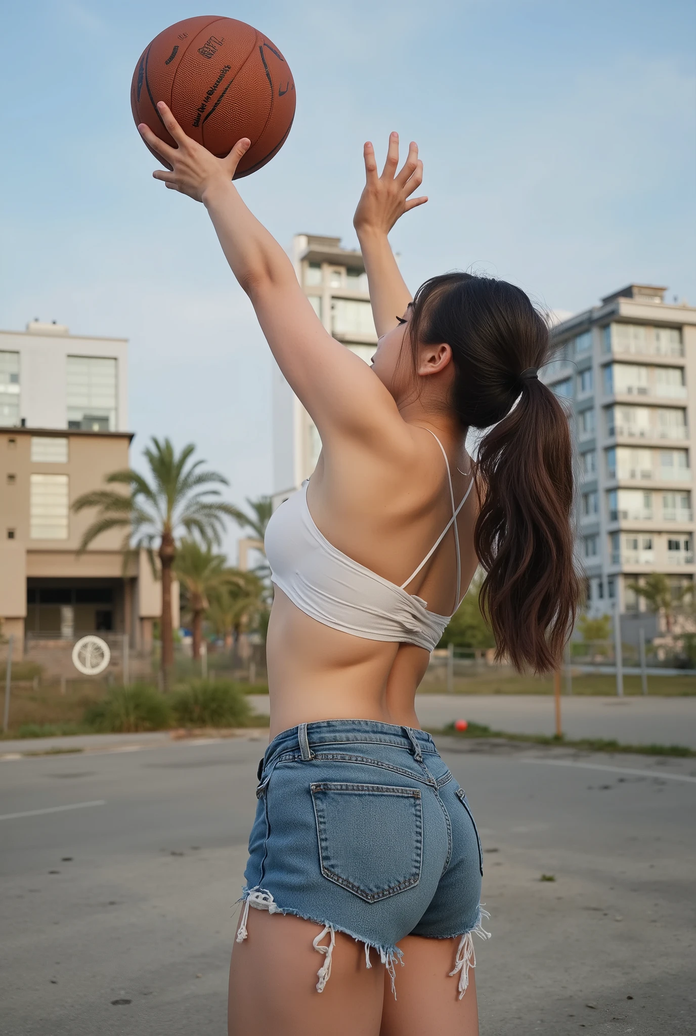 A photo of a 18 years old girl playing basketball outoorwearing only hotpants denim, (((topless:1.2))), slum background, dynamic pose (Plump body:1.0)