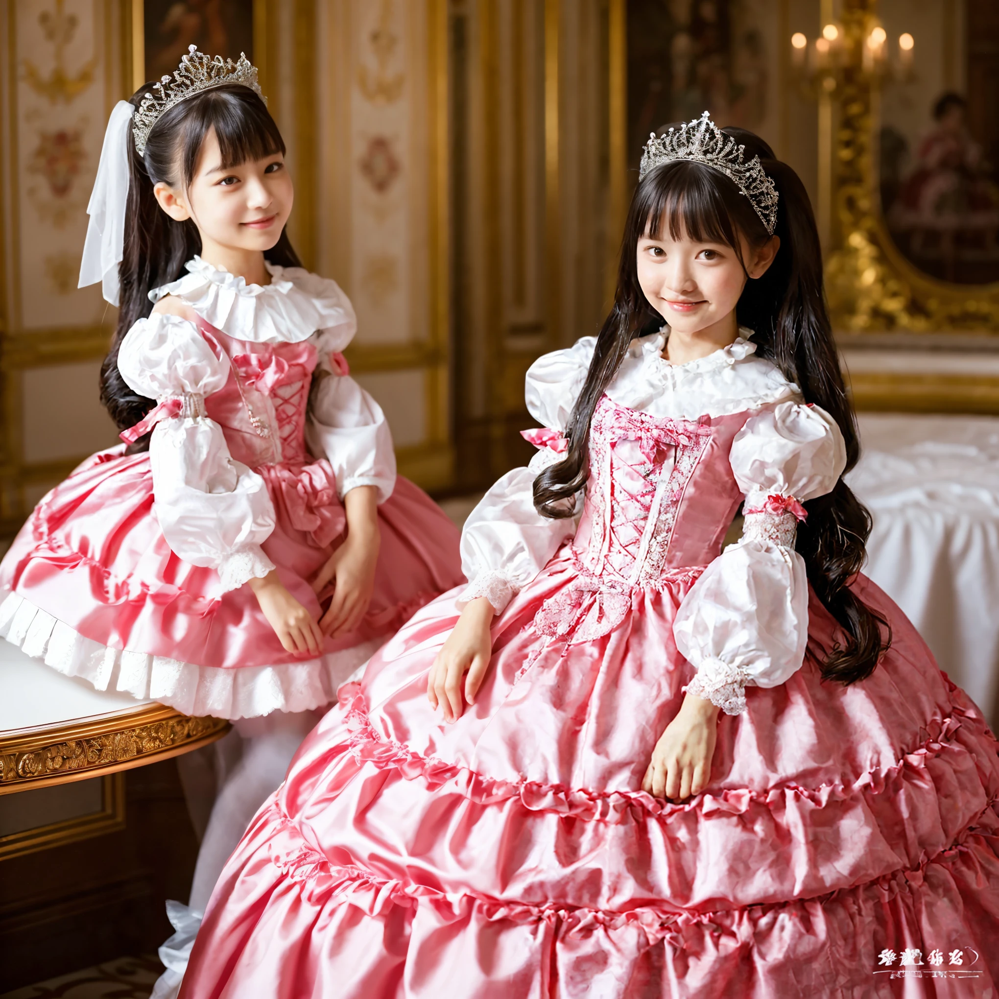 ,highest quality, masterpiece, Highest Resolution, artwork, super それにGet used to it, many Get used to it, Get used to it, それにGet used to it, 3K realistic photos,,((10 year old little girl)),Super detailed baby face,Full-length ball gown dress with princess hoop skirt,Frilled yoke collar,Ribbon woven on chest,Puff sleeves,Long sleeve,((Lolita style hot pink detailed princess satin dress、Lots of frills and ribbons。)),crazy'Colorful Fashion,Shiny silk satin dress,Soft and smooth silk satin fabric,luxury,Long blonde hair,blue eyes,White skin European,pajamas,((Inside the palace)),Happy dancing princess,Gorgeous flowing dress,Fine white ruffles and lace,Fluttering Dress,