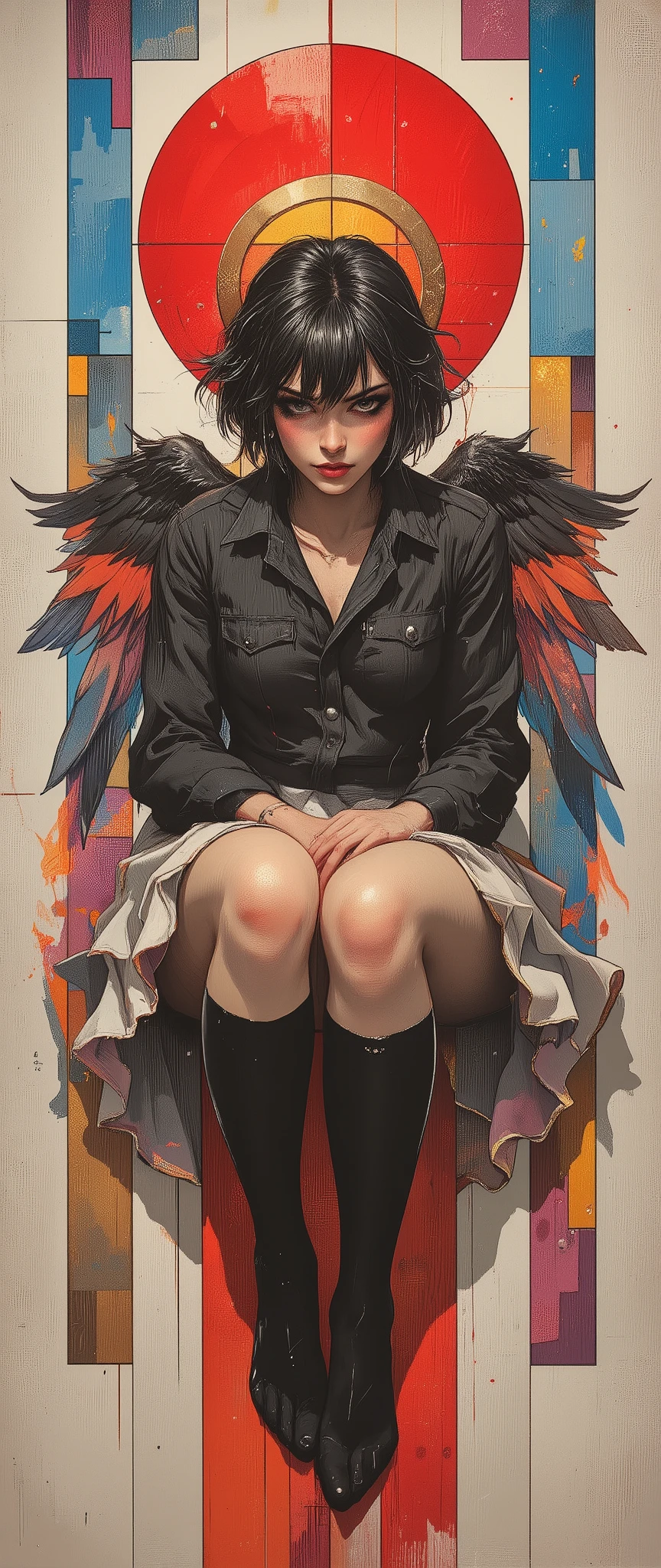 Black Hair,short hair,black eye,Angel's wing,Black clothes,Gender unknown,Expressionless,The lines are a little rough, best quality, masterpiece, 748cmstyle, 1girl, angel wings, white skirt, glitch, halo, bandaid on leg, black hair, barcode, school uniform, white neckerchief, black socks, long sleeves, medium hair, black shirt, dot mouth, white sailor collar, pleated skirt, serafuku, purple eyes, gauze, white wings, simple background, sitting, looking at viewer, blue background, blunt bangs, pale skin, sleeves past wrists, blush, long bangs, feet out of frame, kneehighs, feathered wings, ear piercing, knees up, no mouth, english text, bandaid on knee, colored inner hair, head tilt, bandages, empty eyes, sidelocks, purple background, Surround the figure with abstract, Bauhaus-inspired geometric shapes in a Memphis art style. Use bold, simple forms like circles, squares, and rectangles in shades of red, blue, and brown, creating a dynamic and minimalist background. Include a vivid red circle overlaid on intersecting red and blue squares, paying homage to Leon Polk Smith and El Lissitzky’s graphic compositions. Incorporate flames around the subject for a sense of intensity and passion, merging the sensual, painterly aesthetic with modernist abstraction in a high-contrast, visually arresting composition
INFO