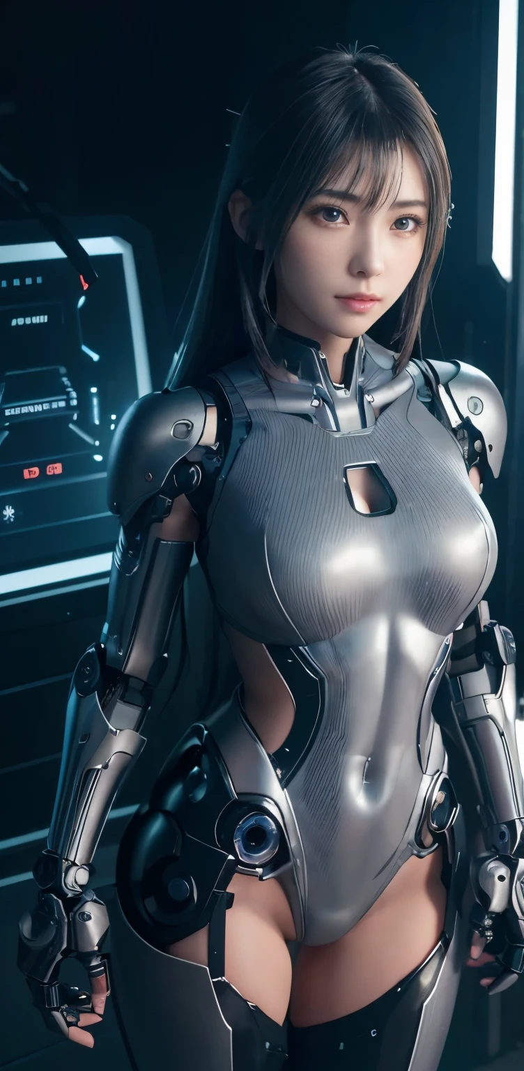 masterpiece、((black metallic talic scales ))、 ((plug suit)), ((beautiful girl:1.2))、i don't'T'no armechanized body、Mechanized chest and abdomen、mechanized occiput、Mecha leg rack metallic suit that fits perfectly to the body、 Are standing、tied up、金属robot、((cyberpunk background))、(neon light)、(futuristic machine factory background)、cyberdyne、Artificial bodies、All metal body、ironwork、abdominal mechanism、((robotアームとハンド))、((robotの脚))、((machine neck))、inside the spaceship、beautiful girl、16 years old、asian beauty, (Actuator and cable exposed from abdomen.、金属robotの首から胴体まで接続、Complex 3d rendering beauTiful porcelain profile super become familiar withd female android face、cyborg、robot部品、150mm、Soft light in a beautiful studio、rim light、vivid details、gorgeous cyberpunk、Ren Hao、超realistic、anatomical、facial muscles、cable wire microchip、elegant、beautiful background、octane rendering、HR giger style、8k、highest quality、masterpiece、enlightenment、very delicate and beautiful、 非常にbecome familiar withなCG、unity、wall-、(realistic、Photoreal:1.37)、wonderful、become familiar with、masterpiece、highest quality、official art、Highly become familiar withd CG unity 8k wallpaper、absurd、信じられないほどabsurd、、robot、silver beads、Full body Esbian、 Are standing