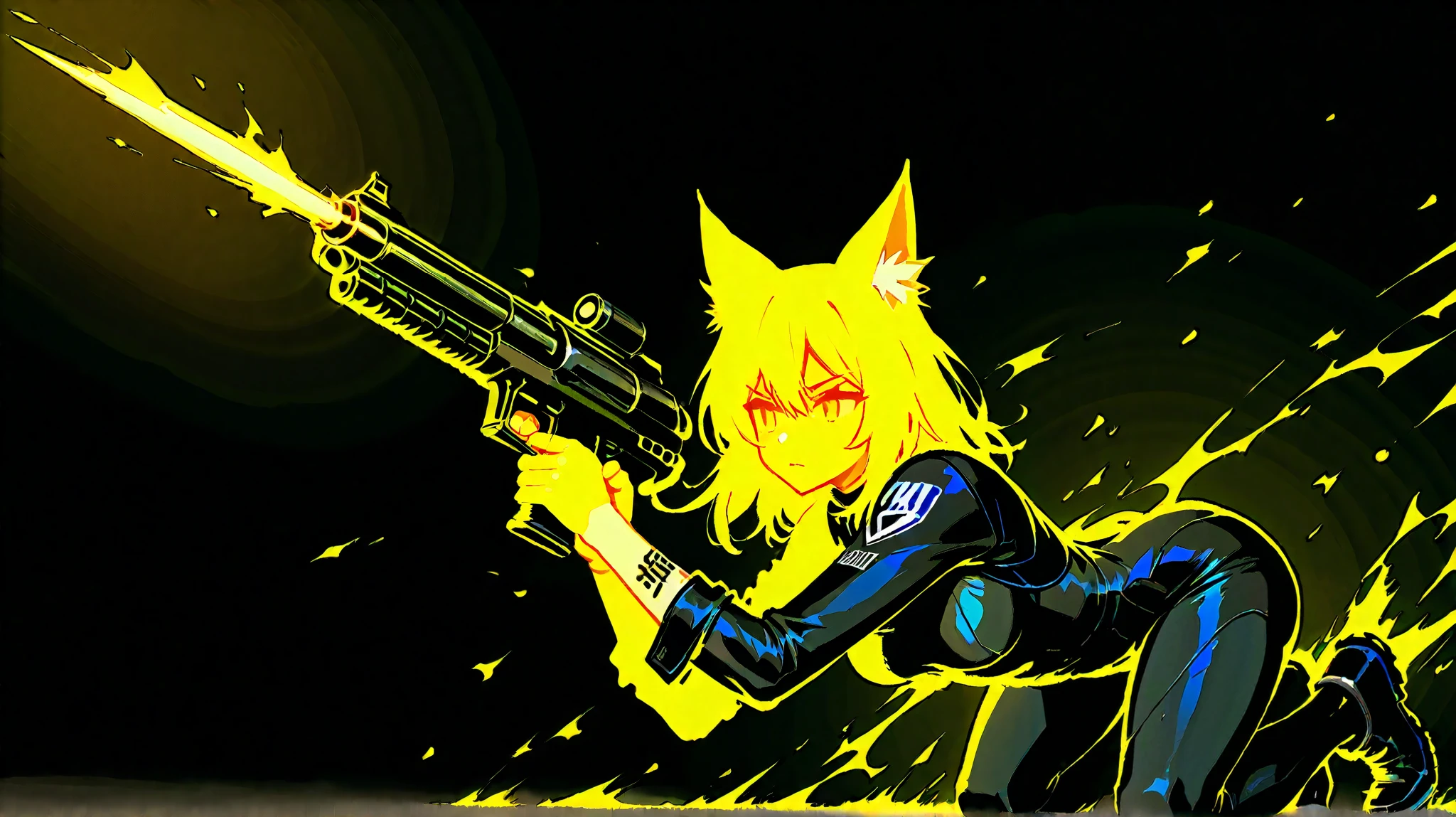 Art poster game "RAST". The"RAST" label". RAST game theme. The luminous silhouette. Neon skinny girl in full growth with a Bullet Gun at the ready, with cat ears, niji style, black background, masterpiece, glowing silhouette on a black background