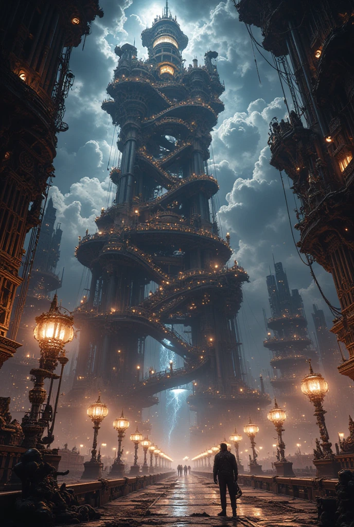 (Fantasy steampunk scene where crazy steampunk technicians work in a flashy, cool, gorgeous, and magical steam engine city)(Multiple legs for many steel spiral structures、Tower of Steel 、line、brass、gear、 Light、 beautiful lighting arranged in an orderly manner、)(fantasy engineer) 、 (Night Sky)