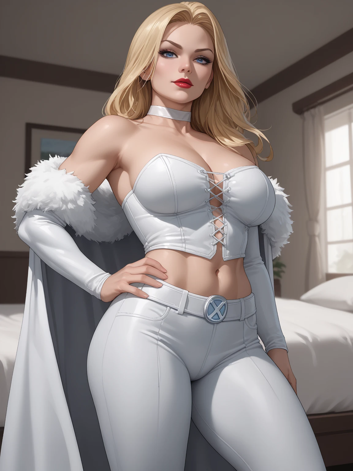 peach princess, standing,, beautiful sexy face, doe-shaped eyes, fleshy lips. Fine body, breathtaking beauty, Vibrant, comprehensive cinematic, 8k, cinematic lighting, best qualityer, 4K, perfectbody, camel's paw, perfect long legs, (white stockings), ((blue outfit)), blue colored eyes, corpo tony, Fine body, Waist slender, FUR COAT, WEARING AN OPEN FUR COAT, 