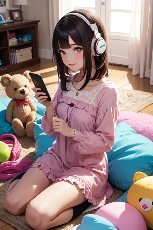 cute young anime girl with short brown french braids with green eyes. sitting on her bed with cute stuffed animals all around her and fuzzy blankets and pillows with headphones on.