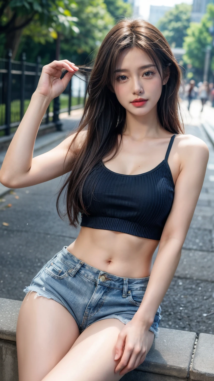 Caucasian woman; ((black hair)), wavy hair, ((long hair)), hair parted in the middle; ((blue eyes)), ((lined eyes)), ((highlight blue eyes)), shiny eyes; (eyes with reflection), ((red lipstick)), (((lips with gloss))), makeup; smile, (athletic body), ((medium breasts)), (nipples), ((legs)); ((white top)), ((strapless top)), ((denim shorts)); earrings, necklace, bracelets; high quality, artistic shot, In beautiful garden with trees and flowers, soft light, standing, side view, overhead shot.