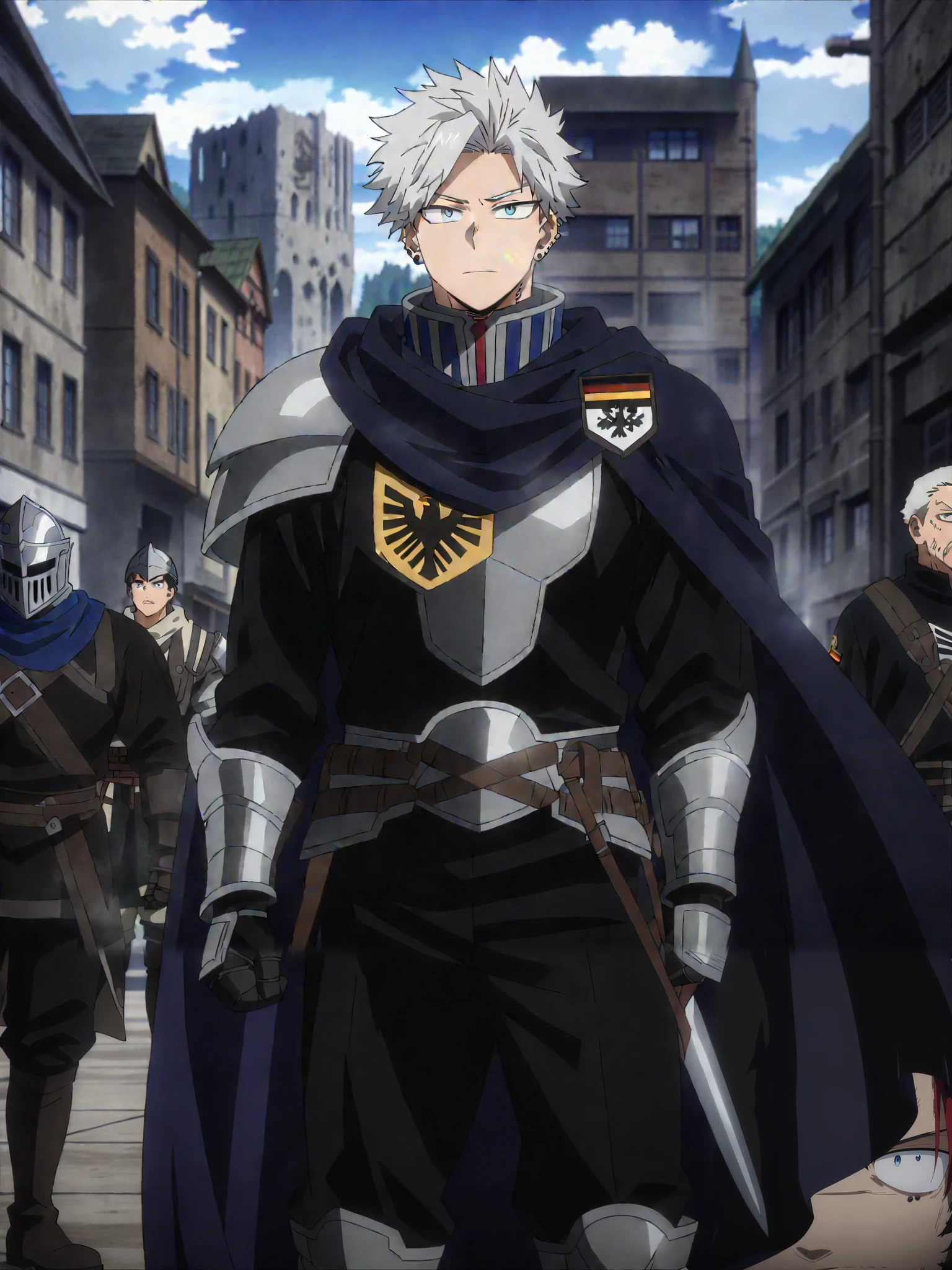 (masterpiece, best quality, anime, anime coloring:1.3, superhigh res). 25yo, young, 1man, male. ((A towering man (6’6”/198-cm) with a muscular build, short silver hair, and piercing blue eyes. His hero costume resembles a medieval knight mixed with modern military gear. His armored plating has a sleek, dark chrome finish with red streaks along his gauntlets and boots. He wears a tattered blue cape with the German eagle emblem on it, signifying his heritage. His helmet retracts, revealing his stern yet noble face.)) Modern big city avenue background, daylight.

My Hero Academia character, MHA style, anime style, my hero academia, boku no hero academia, animated. Anime, Best Quality, Masterpiece, High Resolution, 4K, perfect body, perfect eyes, perfect eyes, Full Quality, colorfull, Looking at viewer, Anime, Anime Style, High Resolution.