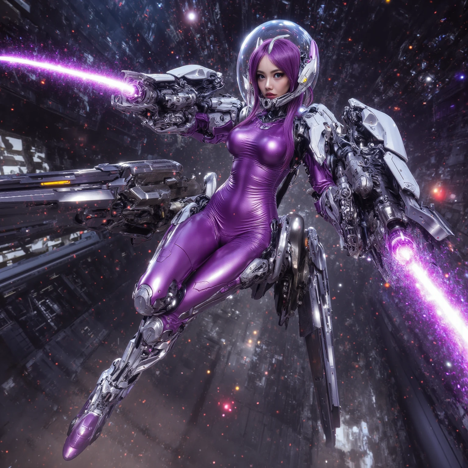 Luciwilde is a sexy cyborg with a entirely electric purple metallic body(obviously mechanical), metal helmet stylized as a fashion model hairdo (no hair visible), and a completely human face. She is flying through space propelled by jets in her feet. She has a guitar with a laser rifle built into it. Full body shot, show all of her, action pose with her weapon, best quality, extreme attention to detail, beautiful face