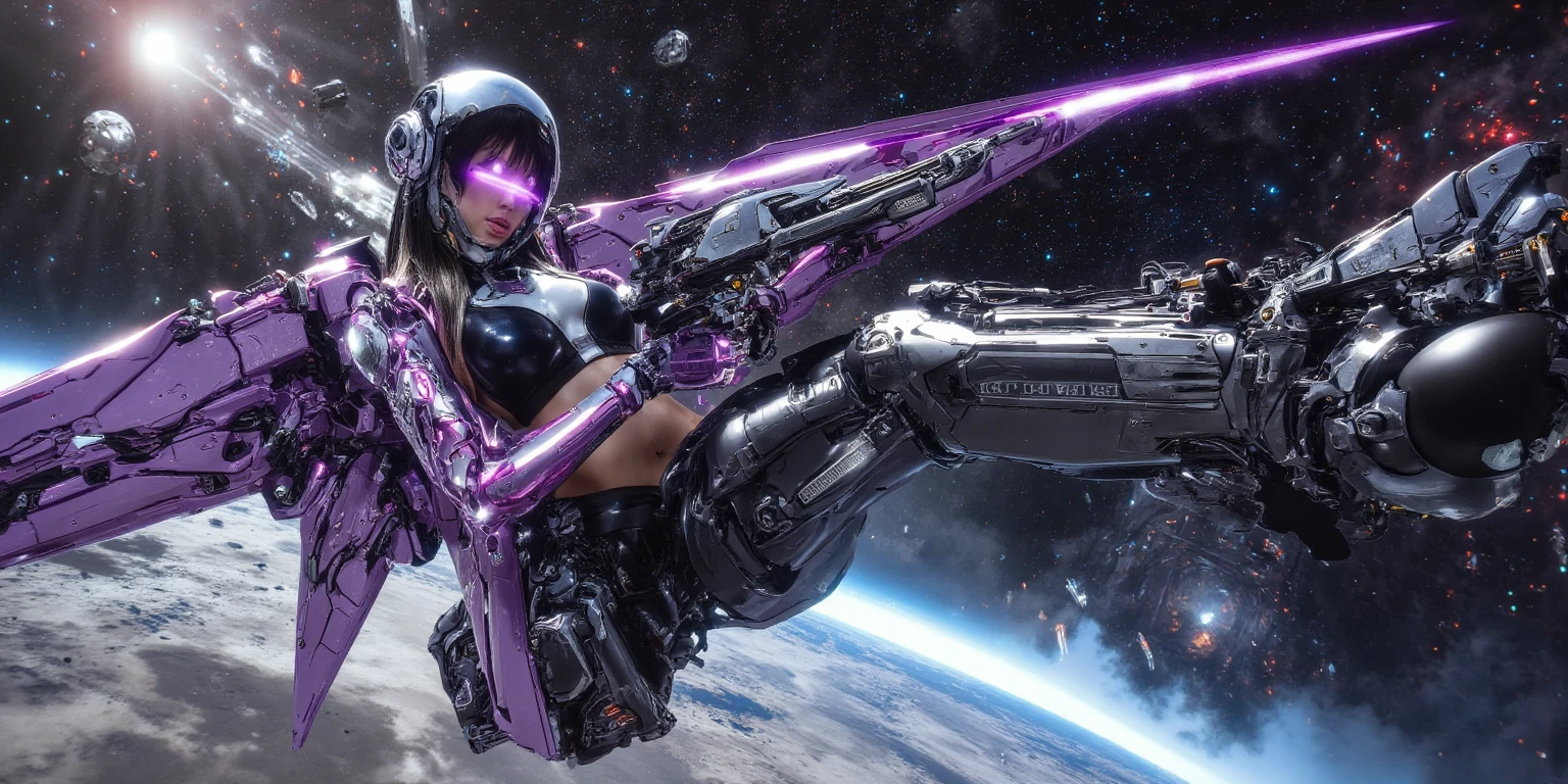 Luciwilde is a sexy cyborg with a entirely electric purple metallic body(obviously mechanical), metal helmet stylized as a fashion model hairdo (no hair visible), and a completely human face. She is flying through space propelled by jets in her feet. She has a guitar with a laser rifle built into it. Full body shot, show all of her, action pose with her weapon, best quality, extreme attention to detail, beautiful face