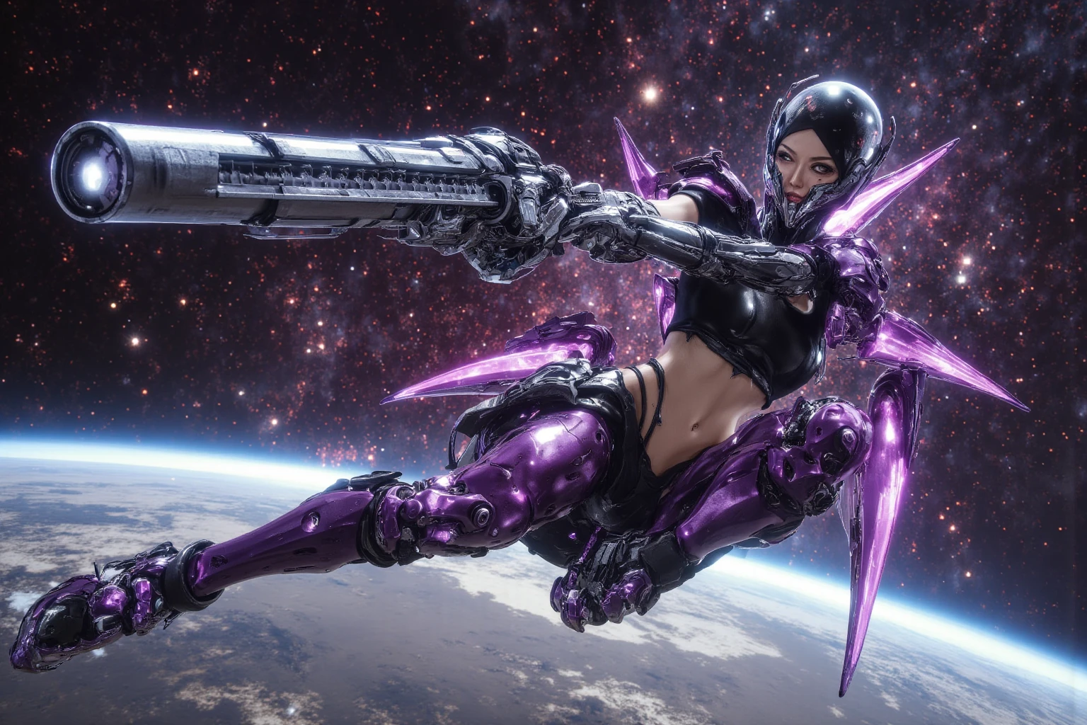 Luciwilde is a sexy cyborg with a entirely electric purple metallic body(obviously mechanical), metal helmet stylized as a fashion model hairdo (no hair visible), and a completely human face. She is flying through space propelled by jets in her feet. She has a guitar with a laser rifle built into it. Full body shot, show all of her, action pose with her weapon, best quality, extreme attention to detail, beautiful face