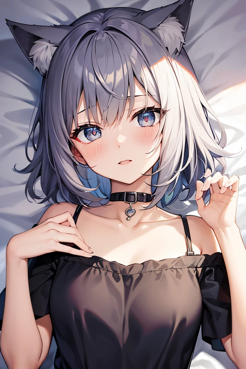 Yukino, in bed, silver hair and blue eyes, black shirt and no bra, anime visual of a cute girl, screenshot from the anime film, & her expression is solemn, in the anime film, in an anime, anime visual of a young woman, she has a cute expressive face, still from anime, big breast, red cheek, lustful face, fair skin