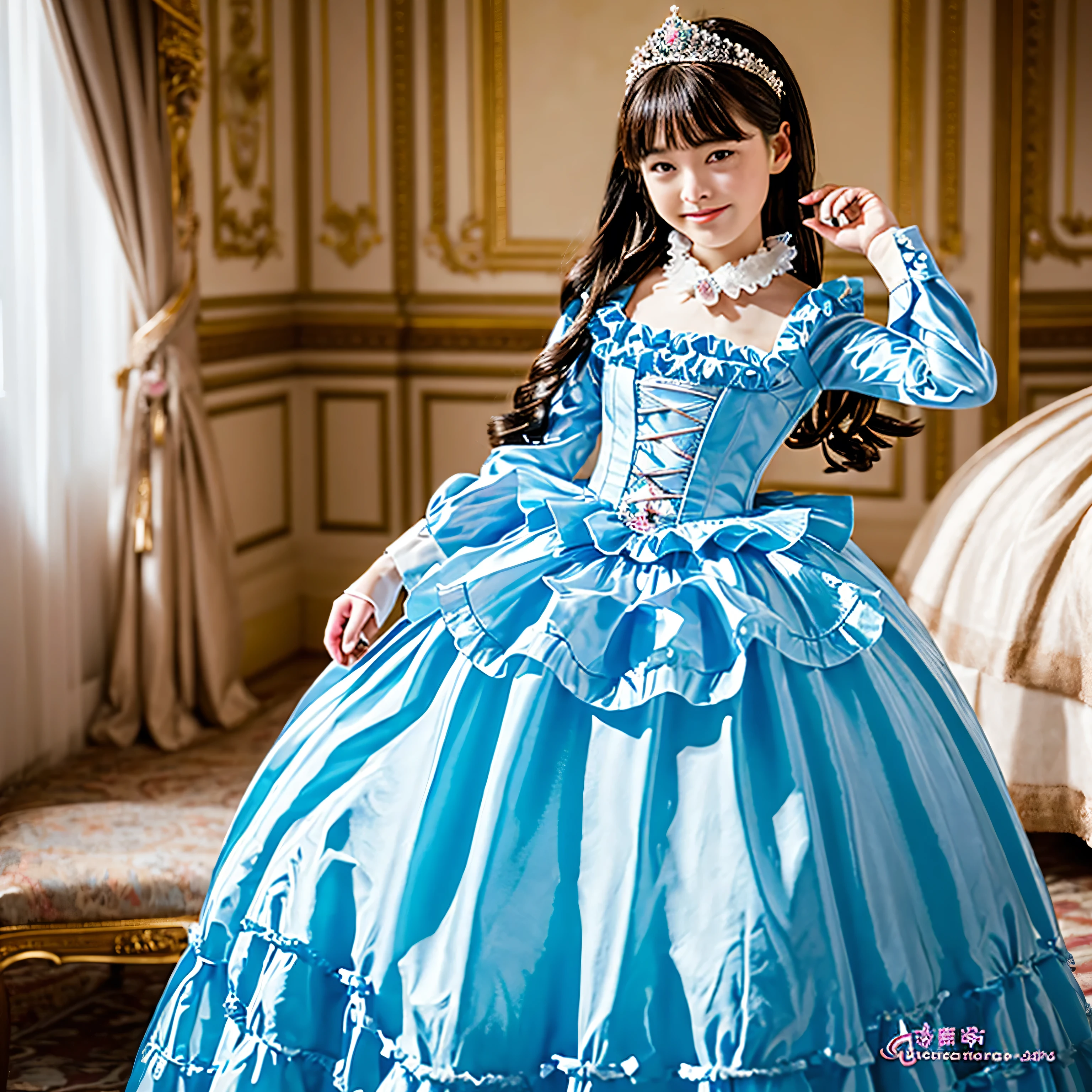 highest quality, masterpiece, highest resolution, artwork, super それにget used to it, many get used to it, get used to it, それにget used to it, 3k realistic pictures,,((12 year old s)),Ultra-detailed juvenile face,ultra-detailed beautiful little girl princess,full length ball gown dress with hoop skirt,ruffled yoke collar,puff sleeves,long sleeve,((Lolita style light blutailed princess satin dress with lots of ruffles and ribbons)),Rococo style lolita fashion,shiny satinss,Soft and smooth fabric,detailed princess dress,luxury,long black hair,dark eyes,white skin Japanese,Pajama,((in the bedroom of the palace)),luxury princess canopy king size pink bed,shiny satin sheets,ultra-detailed princess bed,High-quality background,lot of frilled pillows,on the bed,
