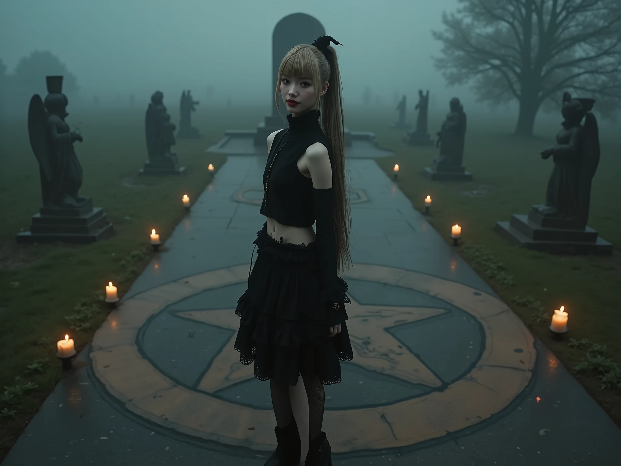 A thin Korean woman , 18 years old, with a fragile and delicate appearance. She has a very small bust , a thin waist and thin legs and between the thighs. Your hair is long with bangs and a blonde ponytail 88.0 and black roots. Makeup with pencils outlined in bright black , Cherry red lipstick.
The woman wears a cropped oversized black that has her entire belly out . wears a short skirt with ruffles or pleats (Gothic style ta ). Combat boots black .
The cemetery is dark and foggy and a huge pentagram drawn on the floor in blood with candles on each end of the pentagram in the center has a goat's head. In the background some headstones and mazeleils and angel statues make up the place . There is no lighting in the place , the only thing that illuminates the candles on the pentagram .
The woman has her arms above her waist and a cheerful expression on her face.
The composition is hyper-detailed , with cinematographic lighting . perfect anatomy . Detalhamento realistic das mãos e dedos. masterpiece, best quality, super detailed, super detailed, realistic, sharp features , high definition .