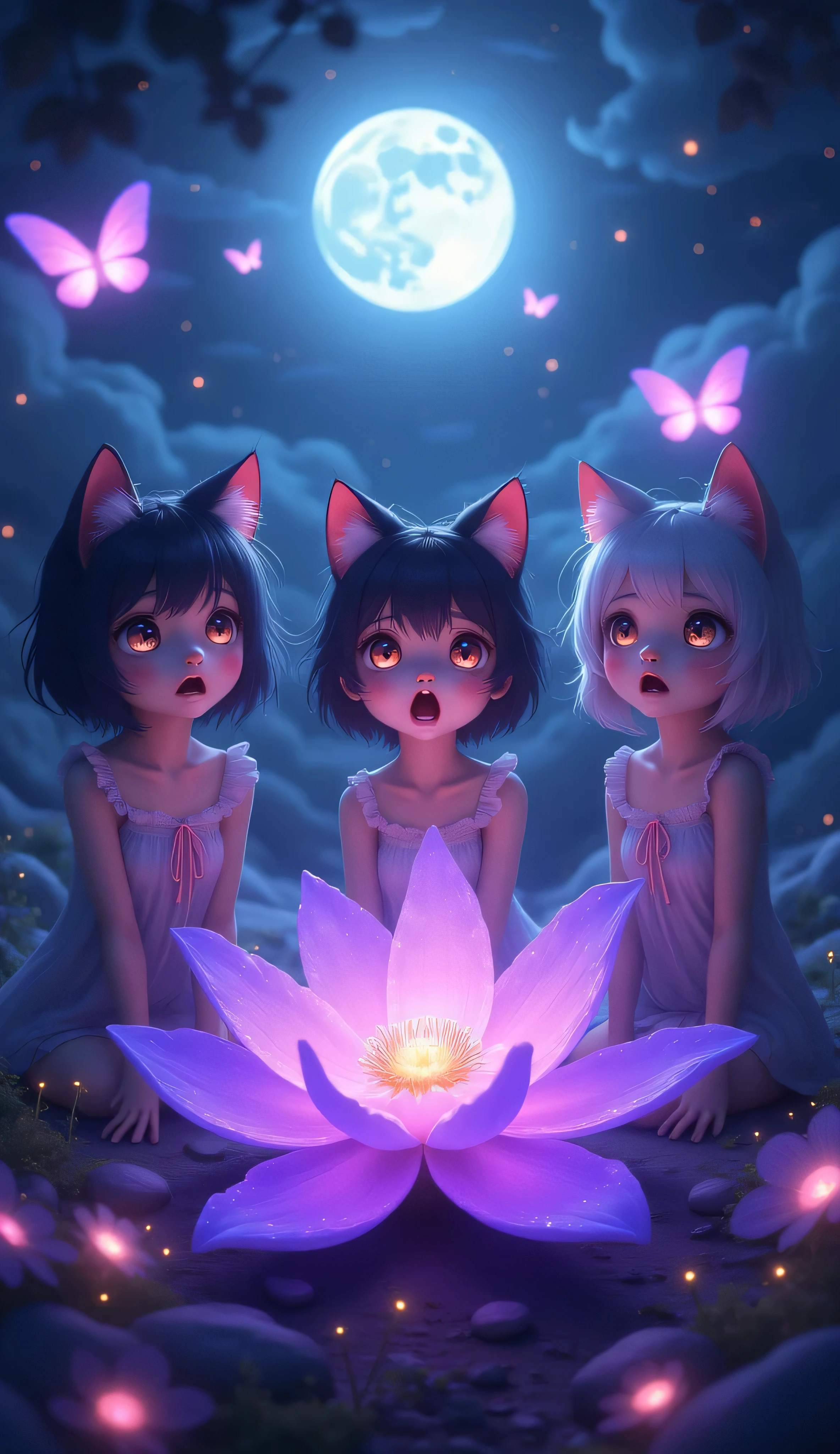 ung looking incredibly pretty cat girls with cute innocent frightened faces, purple flower emitting light, night atmosphere with moonlight, magic lights, luminous butterflies, Illumination with bright moonlight,