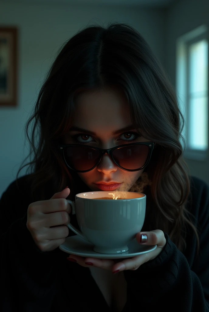 An evil girl with sunglasses drinking coffee