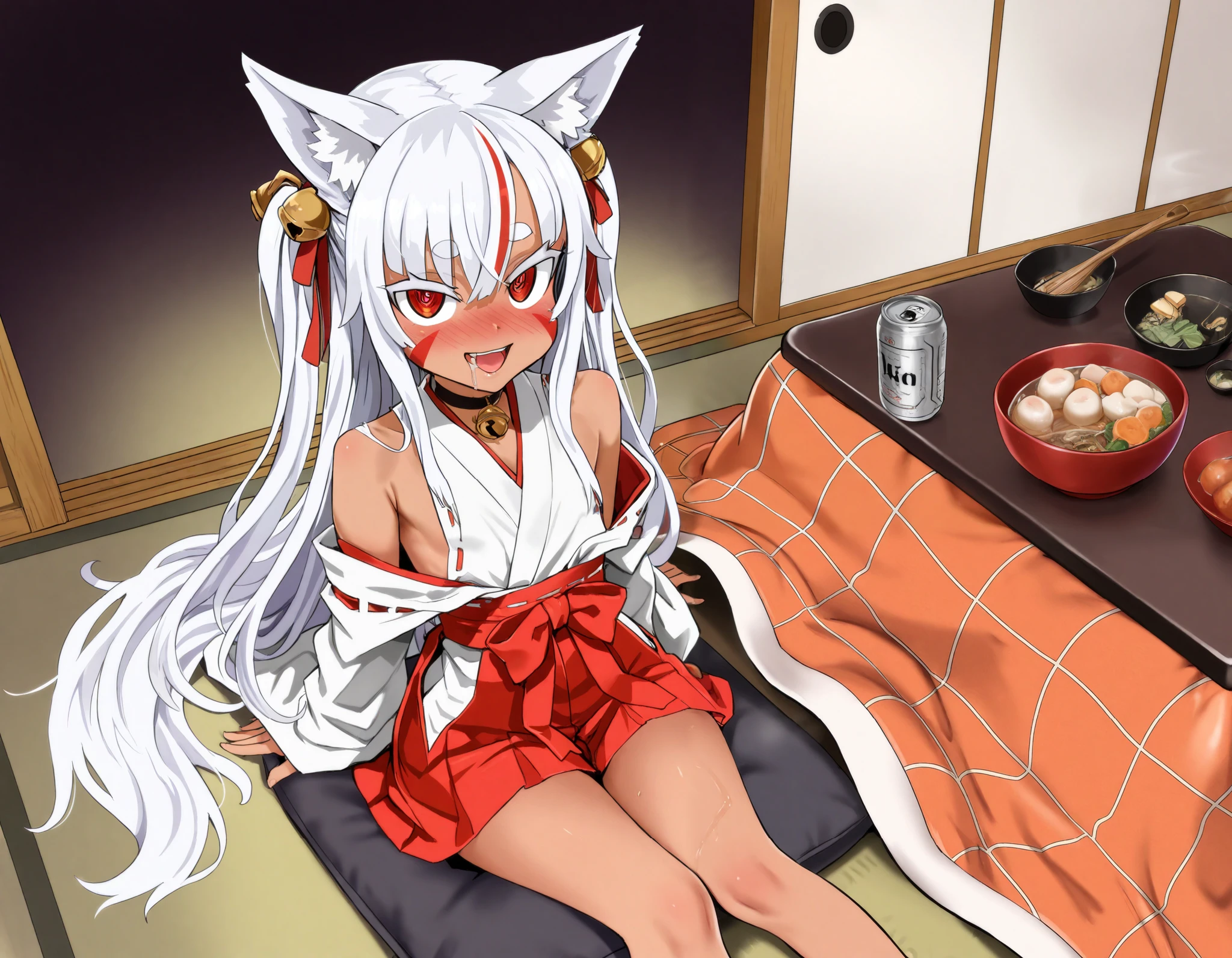 (best quality, highest quality:1.2), masterpiece, Ultra-high resolution, rich contrasts, HD, 8k, fine skin, no makeup, ideal ratio body proportions,
1girl, solo, anime girls, asanagi style, mesugaki, dark skin, tan, ((white fox ear)),
very long two side up, white Hair, thick eyebrows, red highlights hair, Hair ribbon bell, bell choker, bimbo, ((dim body)), flat_chest, (facial mark),
nontraditional miko, bare shoulders, miko, red obi sash, red short skirt, skirt cutout, shirt in, sitting on zabuton meditation cushion, (get in the kotatsu), Hot pot dishes on the kotatsu, A lot of beer cans, deep drinking, get drunk,
looking at viewer, lewd, cute, big eyes, ero, ecchi,
Score_9,Score_8,score_7_up,source_anime, rating_questionable, shrine,