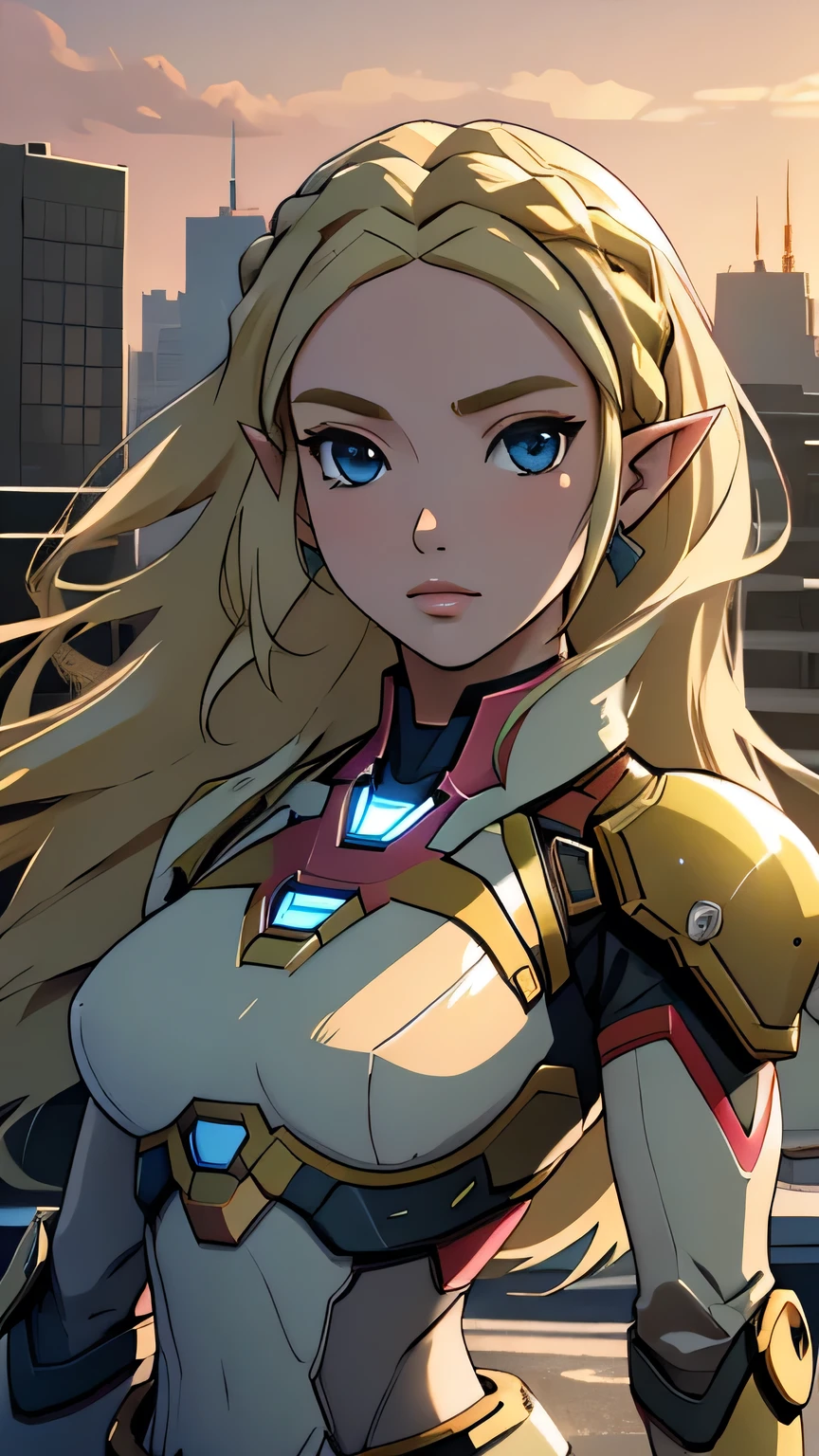 1girl in, 21, princess Zelda, photo of perfect woman, portrait, looking straight at camera, 5'3", Solo, Aesthetic artwork, (blond, straight blonde hair, waist length blond hair:1.25), (clear skin, pale skin, small breasts, B-cup, runners body, very thin waist, skinny, petite, detailed skin texture, (Masterpiece, focus on breasts:1.2), ((wearing futuristic Iron Man armor, black and pink color scheme, highly detailed), (high detailed city environment, rooftop Skyline, evening), (extremely detailed 8k wallpaper), evening outdoor lighting, high quality, film grain, Fujifilm XT3 sharp focus, f 5.6, 50mm, High Detail, Sharp focus, (natural light), crazy details, complex details, hyper detailed