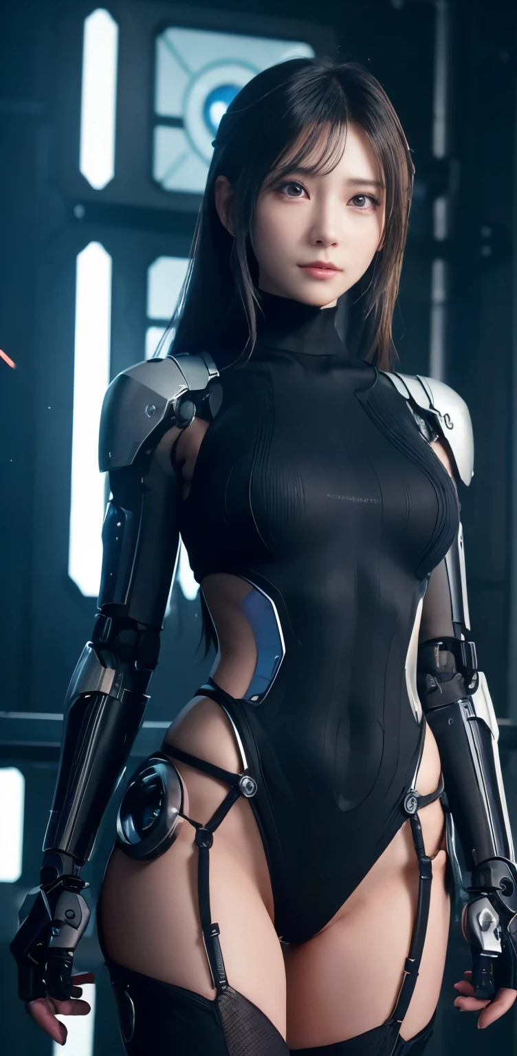 masterpiece、((Grey Turtleneck Sweater))、 ((plugsuit)), ((a beauty girl:1.2))、I don't have both arms.、Some mechs、Mechanized body、Mechanized chest and abdomen、Mechanized occipital、Mechanized legs、Black metallic suit tight to the body、is standing、Tied up、Metal Robot、((Cyberpunk background))、(Neon light)、(Background of the machine shop of the future)、Cyberdyne、Artificial bodies、All-metal body、Ironwork、Abdominal mechanism、((Robotic Arms and Hands))、((Robot legs))、((Cervical part of the machine))、Inside the spaceship、a beauty girl、sixteen years old、Asian Beauty, (Abdomen exposes actuators and cables)、From the neck down is the body of a metal robot、Complex 3d rendering beautiful porcelain profile super detailed female android face、cyborgs、roboticparts、150mm、beautiful studio soft light、Rim Lights、vibrant detail、luxuriouscyberpunk、Ren Hao、surrealistic、Anatomical、face muscles、cable electric wires、microchips、elegent、beatiful backgrounds、octan render、HR Giger Style、8K、top-quality、masterpiece、illustratio、extremely delicate and beautiful、 extremely details CG、Unity、wall-paper、(realisitic、Photorealsitic:1.37)、astonishing、detaile、masterpiece、best qualtiy、Official art、Highly detailed CG Unity 8k wallpaper、absurderes、incredibly absurdness、、机器人、Silver Halmet、full body Esbian、sitting on