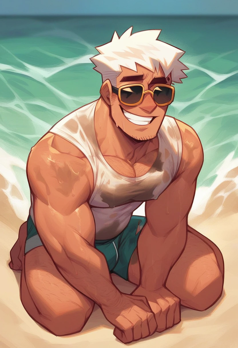 A muscular man with blue eyes and long white hair in swim trunks is smiling while splashing in the waves at the beach