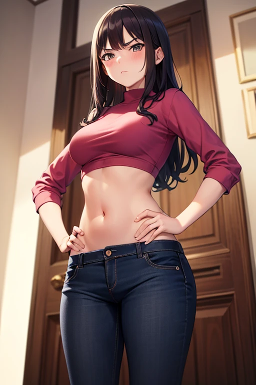 super fine illustration, vibrant colors, masterpiece, sharp focus, best quality, depth of field, cinematic lighting, ultra detailed, crop top, long sleeves, slim pants, navel, belly button, tummy, 1 woman, solo, milf, slender, blush, annoyed, mature female, tall woman, looking down, v-shaped eyebrows, medium breasts, dark hair, purse, long curly hair, restaurant, annoyed, pink shirt, one hand on hip