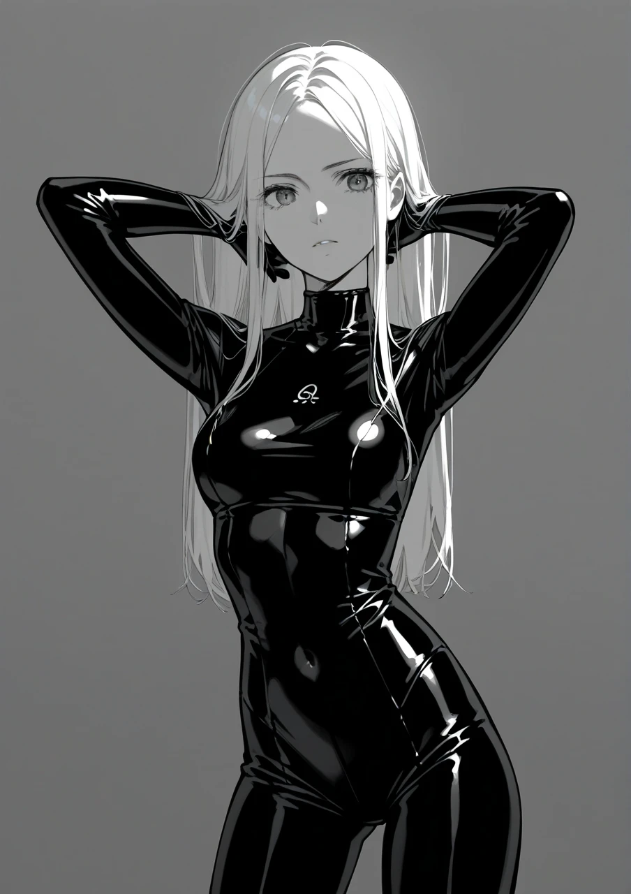 core_9,score_8_up,score_7_up,score_6_up, a beautiful blond girl, melancholy, straight hair, pale skin, dark make up, slender body, long neck, black latex bodysuit, full latex outfit, tightly stretched latex, black gloves, hands behind head, dark room,manga, comic, monochrome,