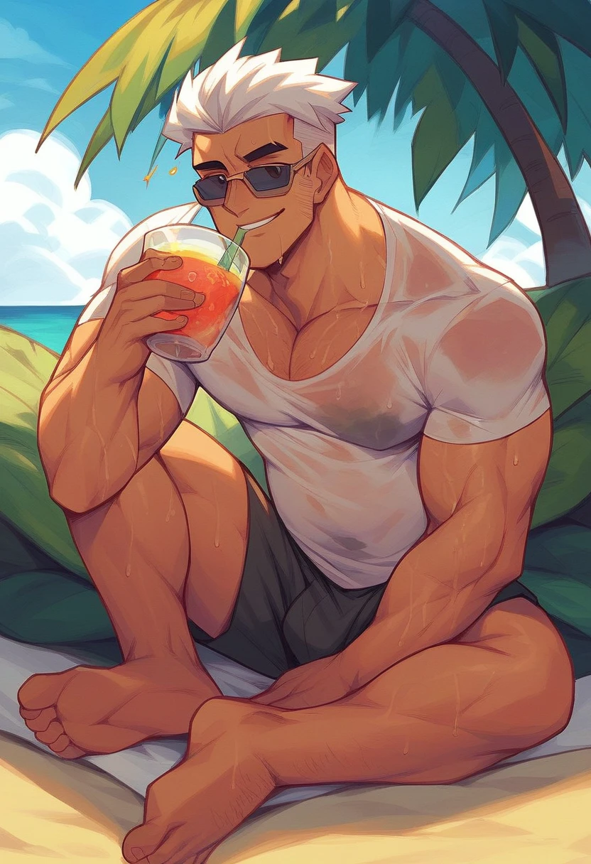 jon, a young guy in his 30s with asymmetric very short brown hair, green eyes with brown specs, a flat nose, smooth skin, slim athletic body, ((full body, lazy on sofa with a beer, nude upper body, green swim trunks)), holding a drink, lazy, drunk, drunk look