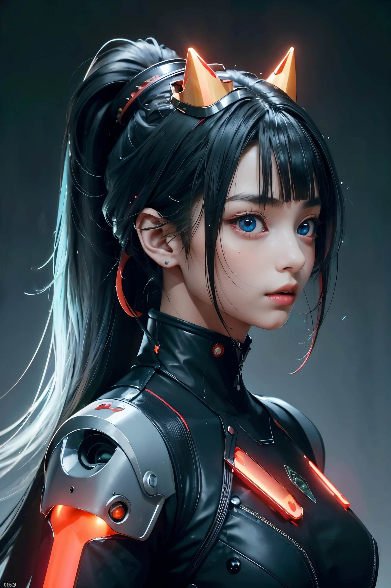 Masterpiece, best quality; high-resolution 8K portrait of a 20-year-old cyberpunk queen with a long ponytail and bangs. Features black and blue gradient hair, glowing red devil eyes, and a serious yet charming expression. Her mechanical body showcases green glowing components and red tubes, adorned with a luxurious crown and strange technology symbols against a gray world background.