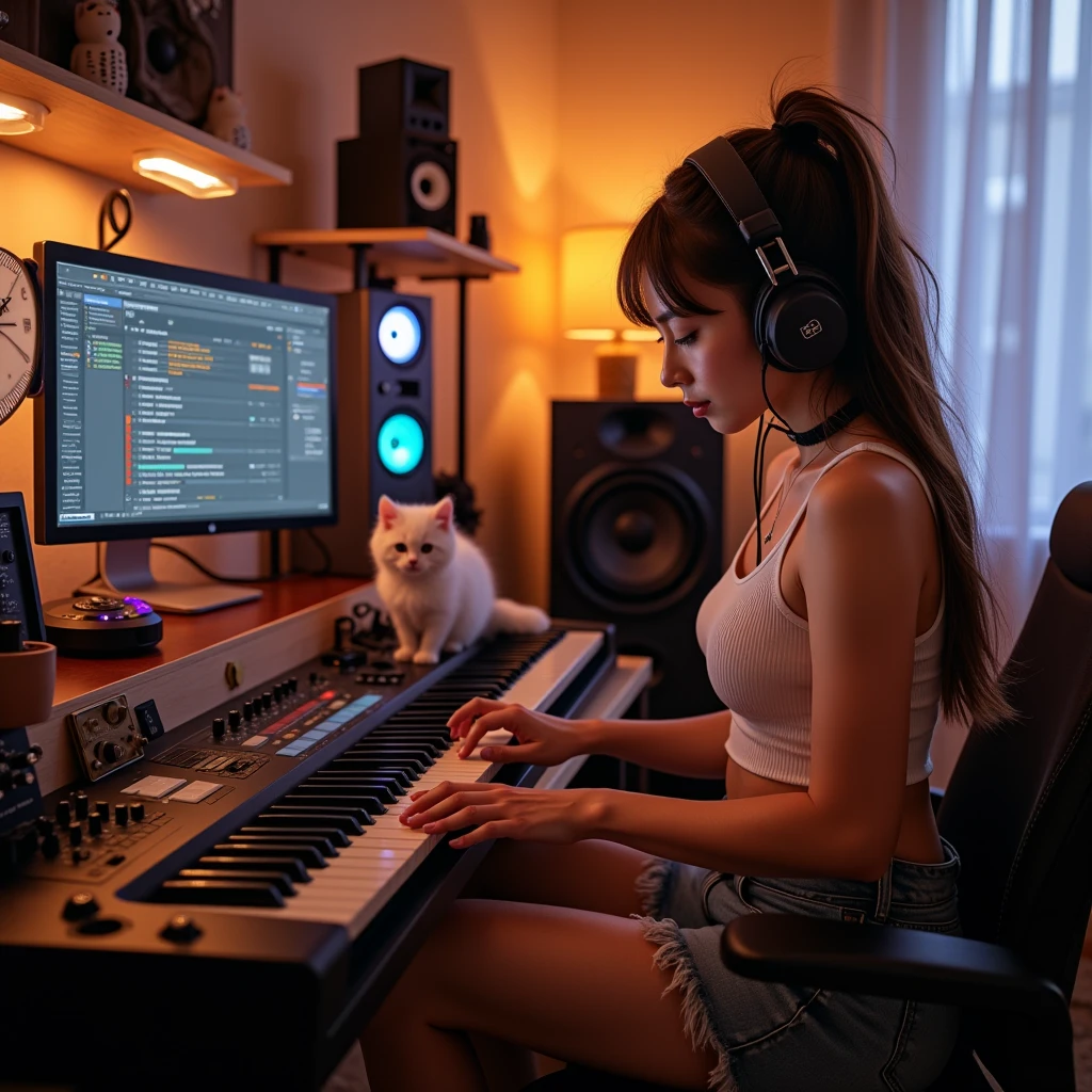 
A young beautiful woman is playing the keytar in his room with headphones around her neck. This room contains an amplifier, speakers, a desktop computer, a sound mixer, and music editing software running on the computer screen. One cute puppy and one cute kitten. Kittens and puppies playing near women, photo quality, music magazine photo, deep depth of field, masterpiece, bright lighting, 8K, fun time, miniskirt
