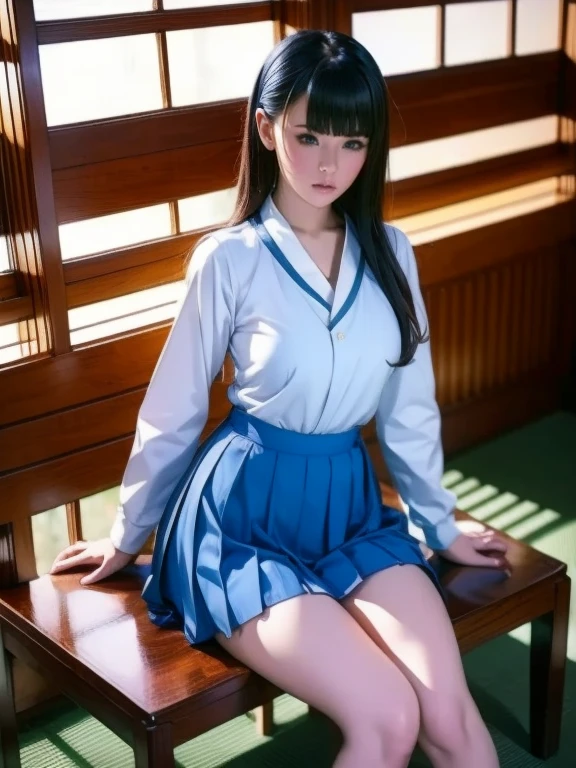 ​masterpiece、Raw photography、top-quality、超A high resolution、Wallpapers in 8K、a hyperrealistic schoolgirl、Women in Japan、18year old、a baby face、Lifelike face、Realistic human skin、Realistic lips、Erotic lips、glowy skin、 a sailor suit、serafuku、Dark blue pleated skirt、Full body style、beauty legs、乃木坂アイドル、a bed、laying on back、
