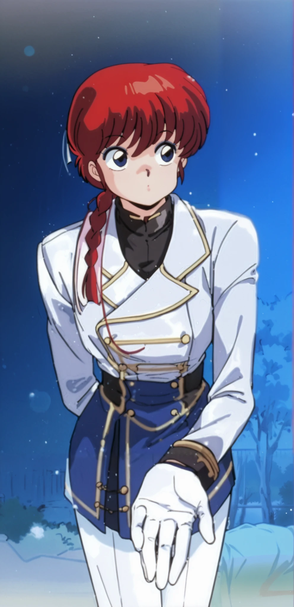 ranma-chan face with red hair, long hair, single braid, blue eyes ,retro artstyle, 1990s \(style\),
