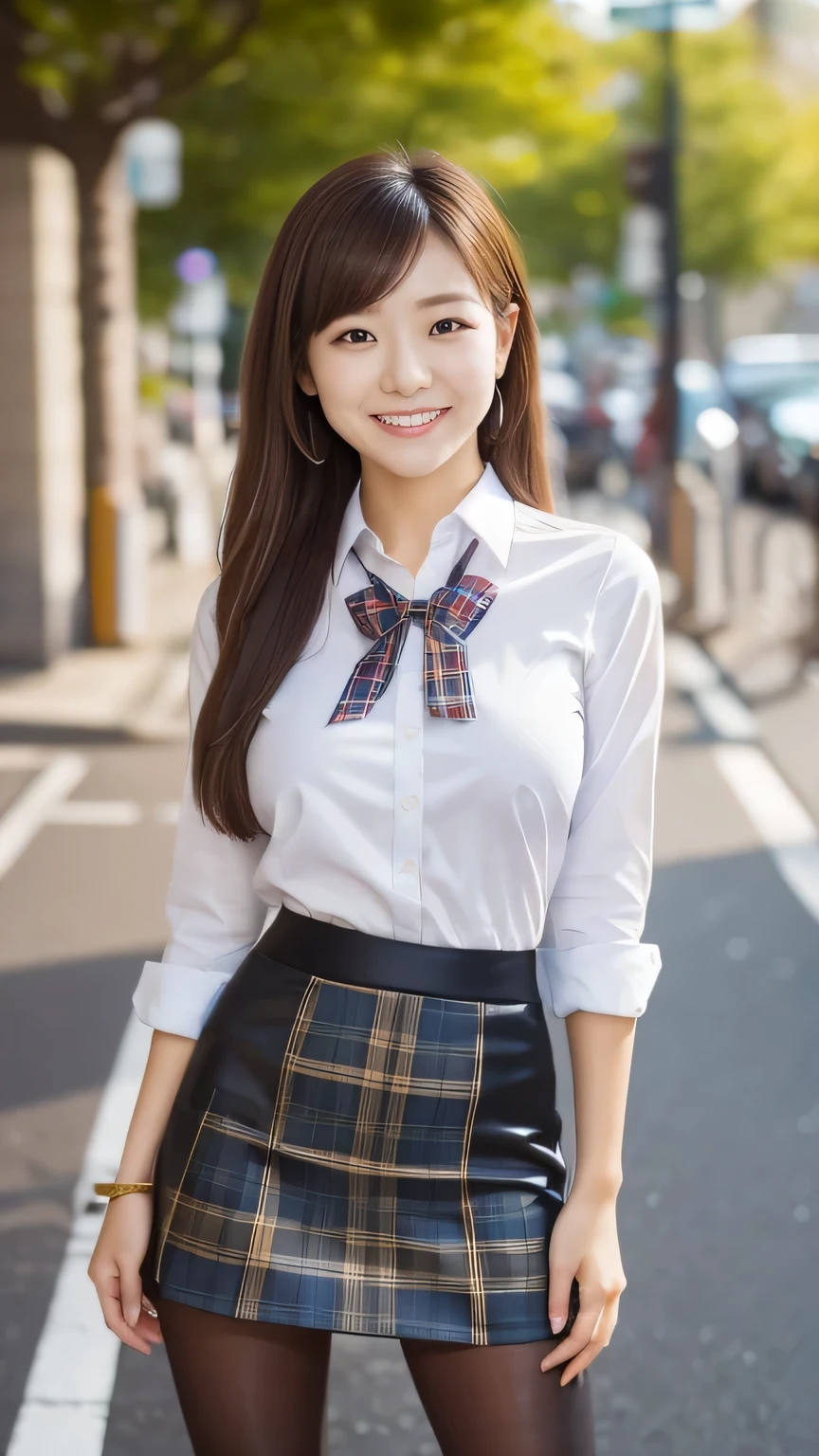 8k, RAW Photos, Highest quality, Tabletop: 1.2), (Realistic, Photorealistic: 1.37), Very detailed, 1 high school girl, Super Beauty(Like the real thing), alone, Beautiful detailed sky, Detailed Coffee, night, Sitting in the store, (Big smile: 1.1), Long brown hair Medium chest, Beautiful detailed eyes, (Collared shirt: 1.1), A bow tie, Pleated skirt, Beautiful expression Ultra-high resolution,Ultra-Realistic Skin,masterpiece,Highest qualityのPhotorealisticなRAW Photos。Bright colors,Rich colors, Backlight, Cinema Lighting, Film Grain, 50mm lens, Nikon D850,Beautiful expression,Fantasy art,Character Art,View your viewers,Top view,,Accentuate your cleavage,Dynamic pose,